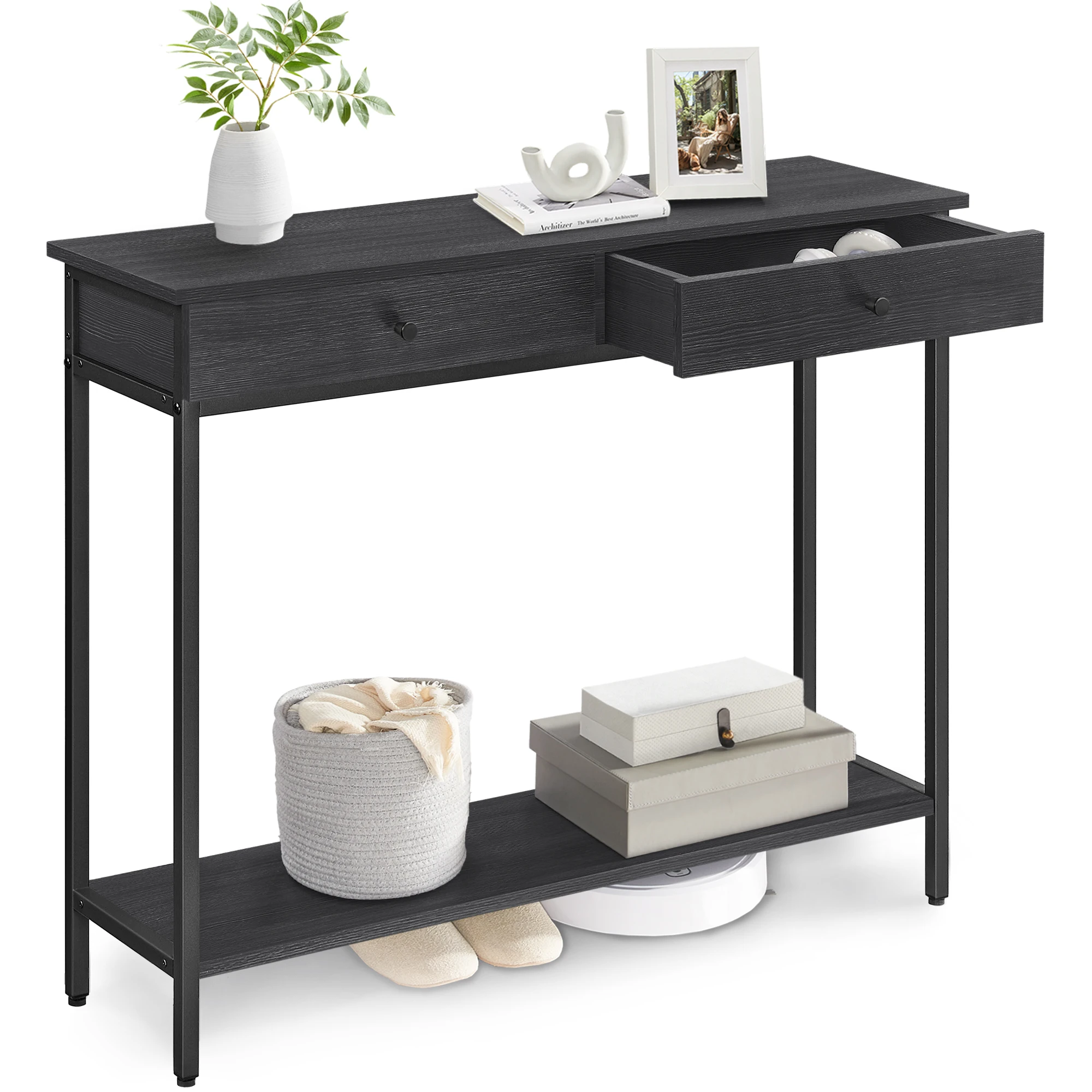 VASAGLE Mesa de Consola, Mesa de Entrada, Mesa de Sofá con 2 Cajones, Marco de Acero, Estable, para Pasillo, Dormitorio, Salón, Estilo Industrial, Gris Carbón y Negro Tinta/Marrón Camello y Negro Tinta