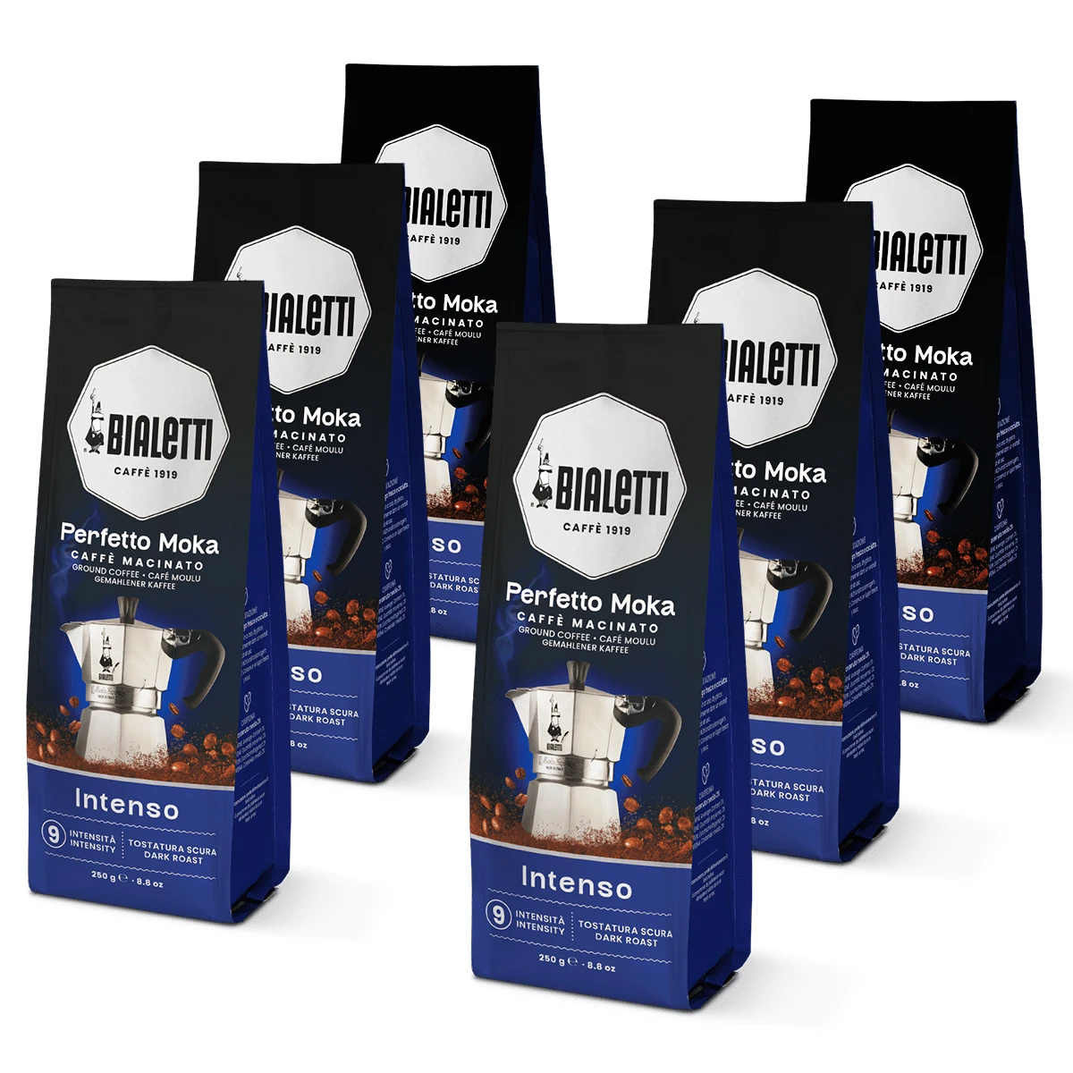 Bialetti Café Molido Italiano - Perfetto Moka: Clásico, Intenso, Vainilla, Avellana, Chocolate, Descafeinado y Delicato -  6 paquetes de 250 gr cada uno (1,5 kg)  Café de alta calidad