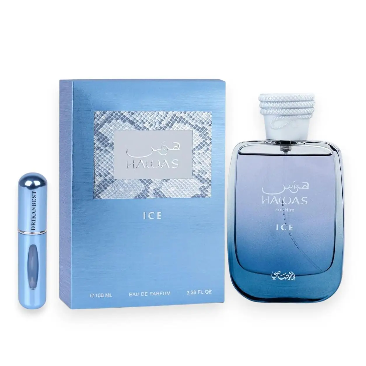 Rasasi Hawas Ice Eau de Parfum Hombre 100ml + Atomizador Recargable 5ml Drikanbest de Regalo – Perfume Árabe Fresco y Duradero