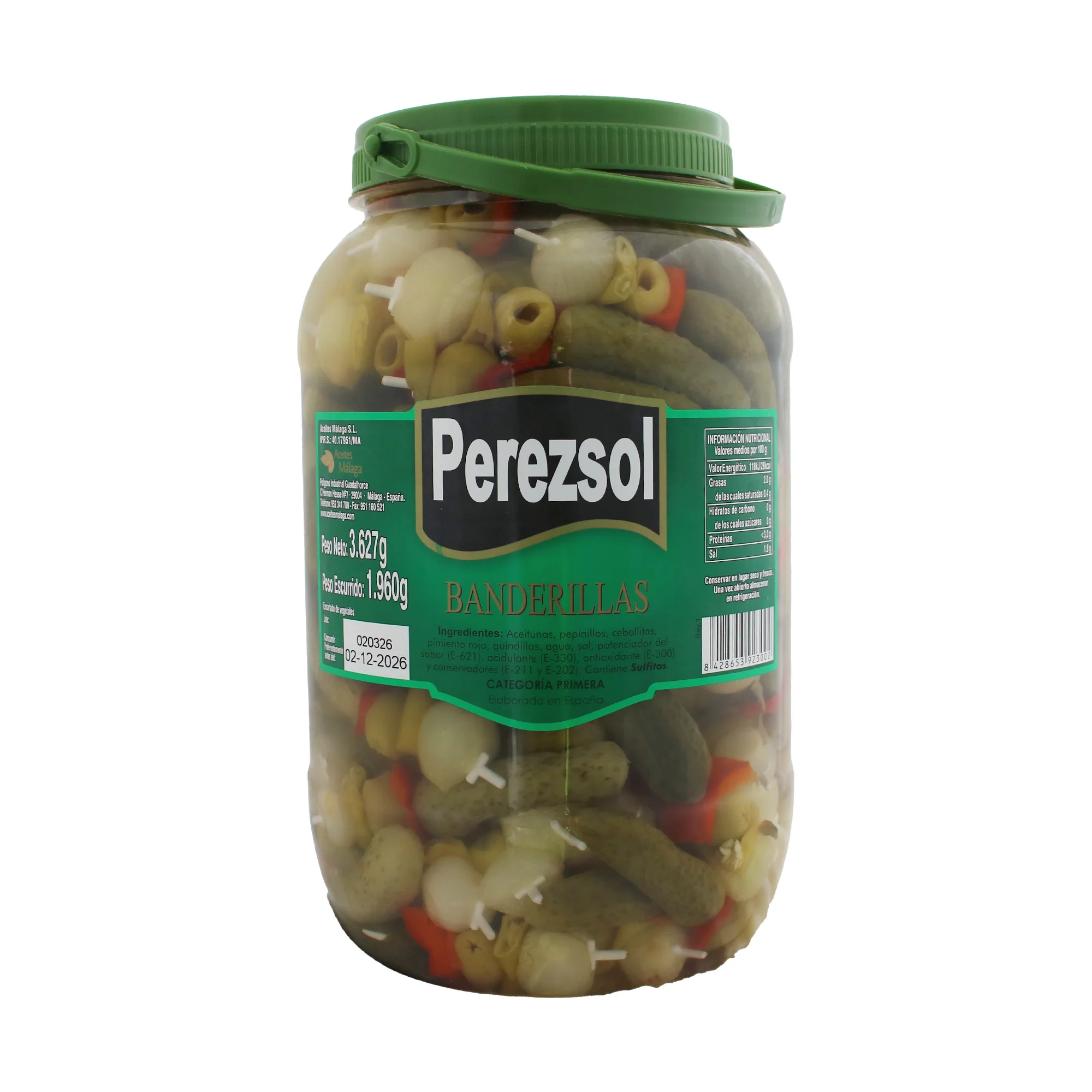 BANDERILLAS PEREZSOL – BOTE PET 3,627 KG (1,960 KG ESCURRIDO) | ENCURTIDOS SURTIDOS |  APERITIVO ESPAÑOL | HOSTELERÍA Y RESTAURACIÓN