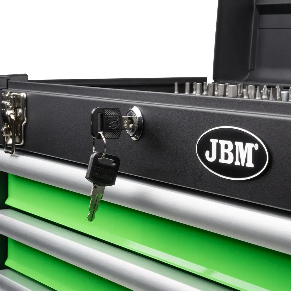 JBM metal tool box 143 cined parts metal toolbox [143 pieces] Metal professional metal toolbox with 4 drawers with central locking. The entire tool is distributed in 4 drawers.