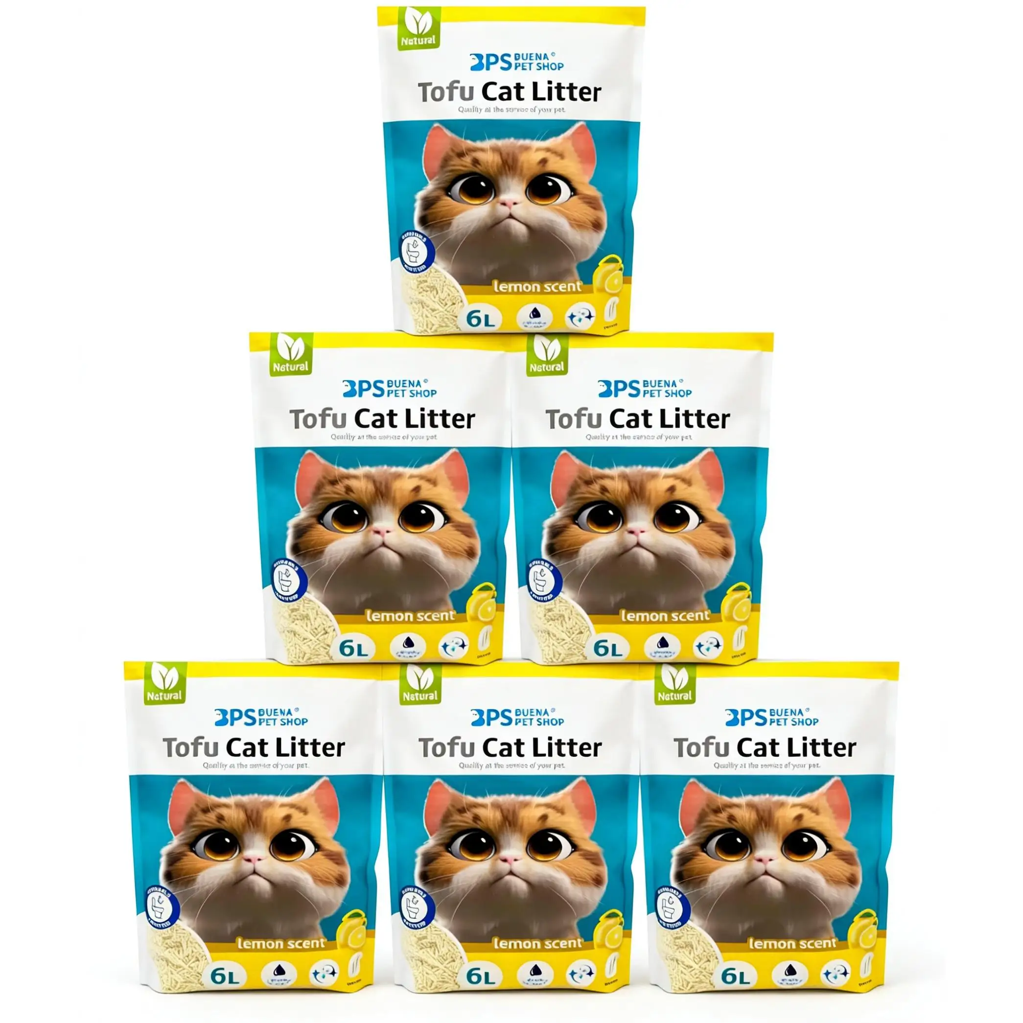 Arena para Gatos de Tofu Aroma Limón, 6L Cada Uno, Fuerte Absorbencia, Fácil Compacidad, Desagotable, Sin Polvo, Múltiples Aromas Disponibles, Suministros para Mascotas .