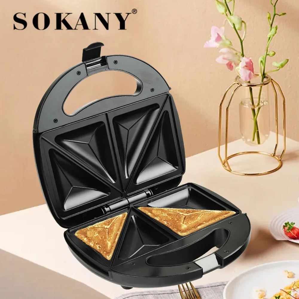 750w electric sandwich maker, toaster and grill, non-stick coating, triangular-shaped plates, led indicator, cool touch handle. Sokany
