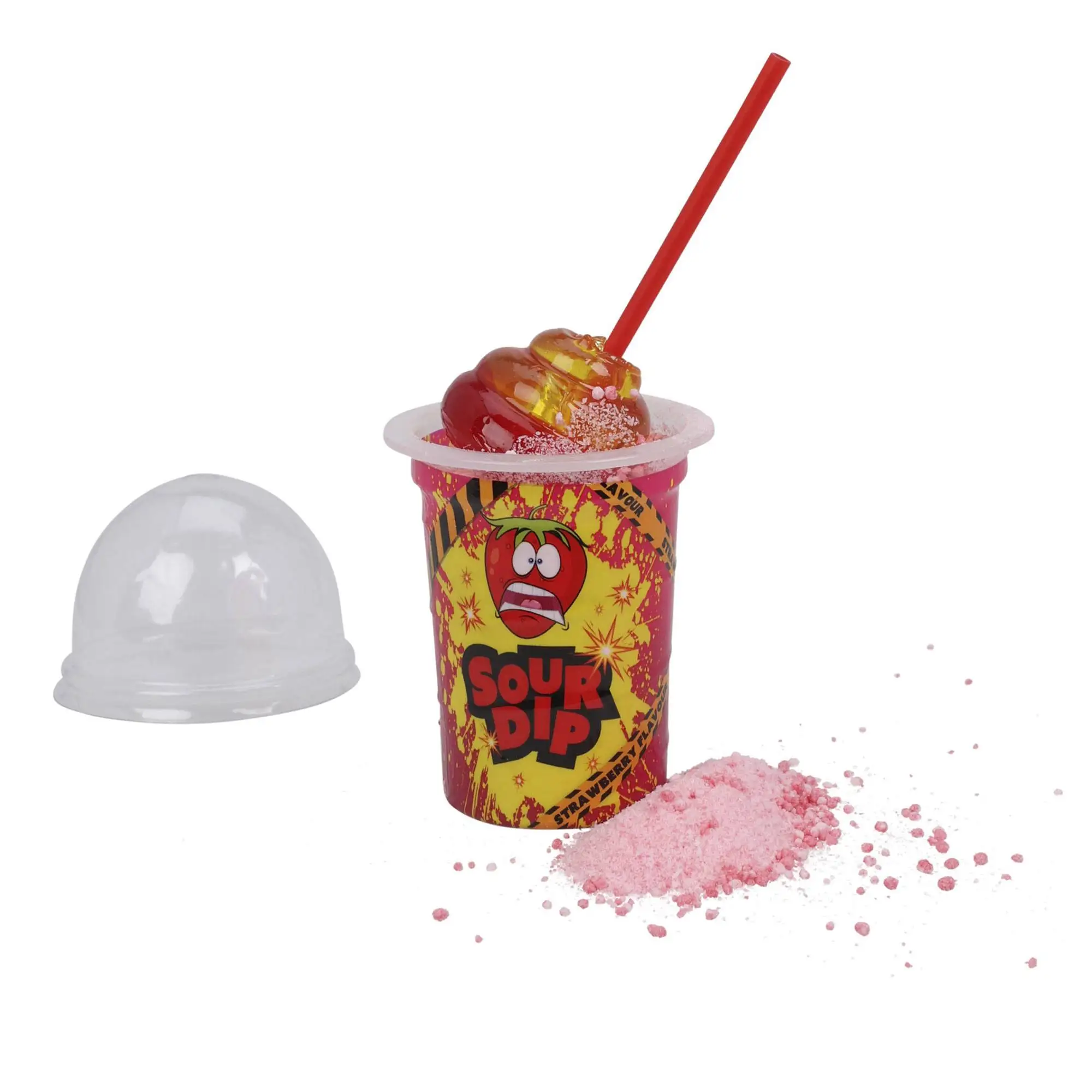 Plastic glass full of pica-pica and a candy with random flavor stick (strawberry or Apple or cola)