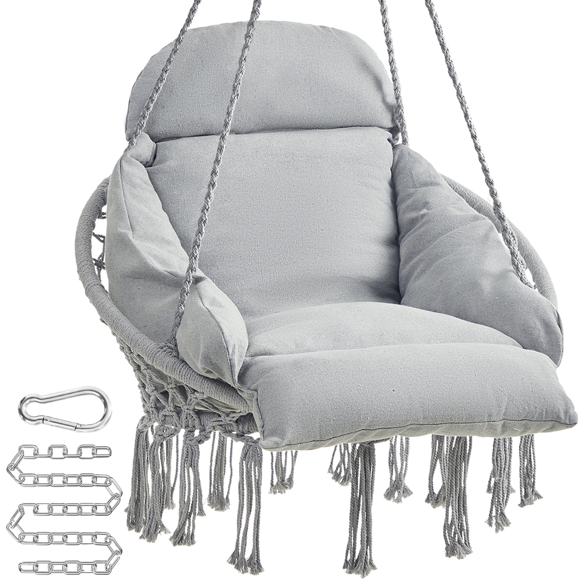 SONGMICS Hamaca Silla, Silla Colgante, Cojín Grande y Grueso, Boho para Dormitorio, Balcón, Jardín, Sala de Estar, Soporta hasta 120 kg, Incluyen Accesorios, Gris Paloma
