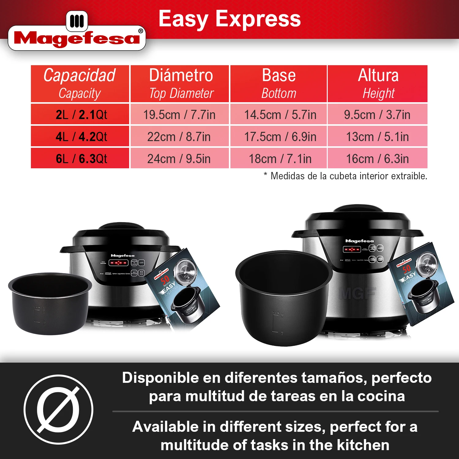 MAGEFESA®Easy Express multi-function programmable electric pressure cooker, 6 different menus, frying function, non-stick removable container, dishwasher safe