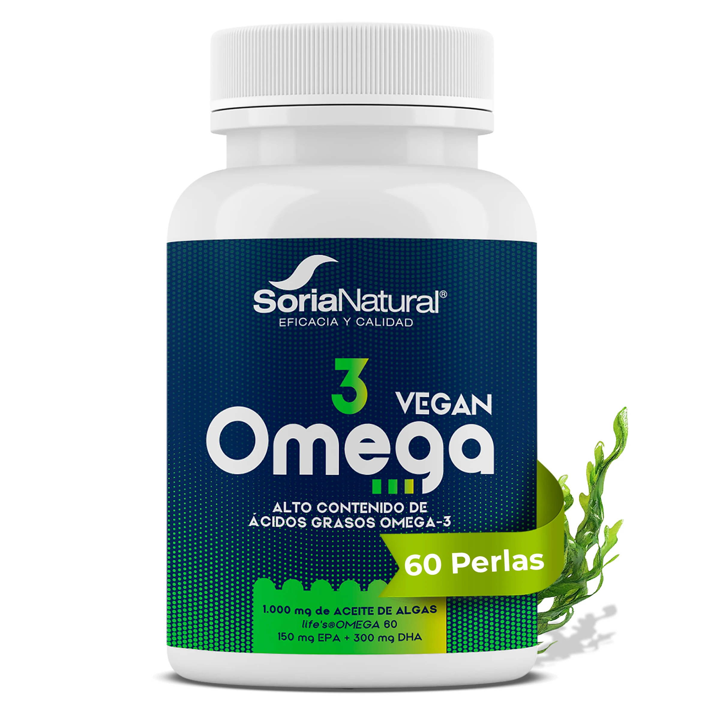 Omega-3 Vegano con EPA y DHA Soria Natural - Aceite de Microalga Schizochytrium - Con Vitamina E - Alto Contenido en Ácidos Grasos - Salud Cardiovascular - 60 perlas de 724,5 mg.