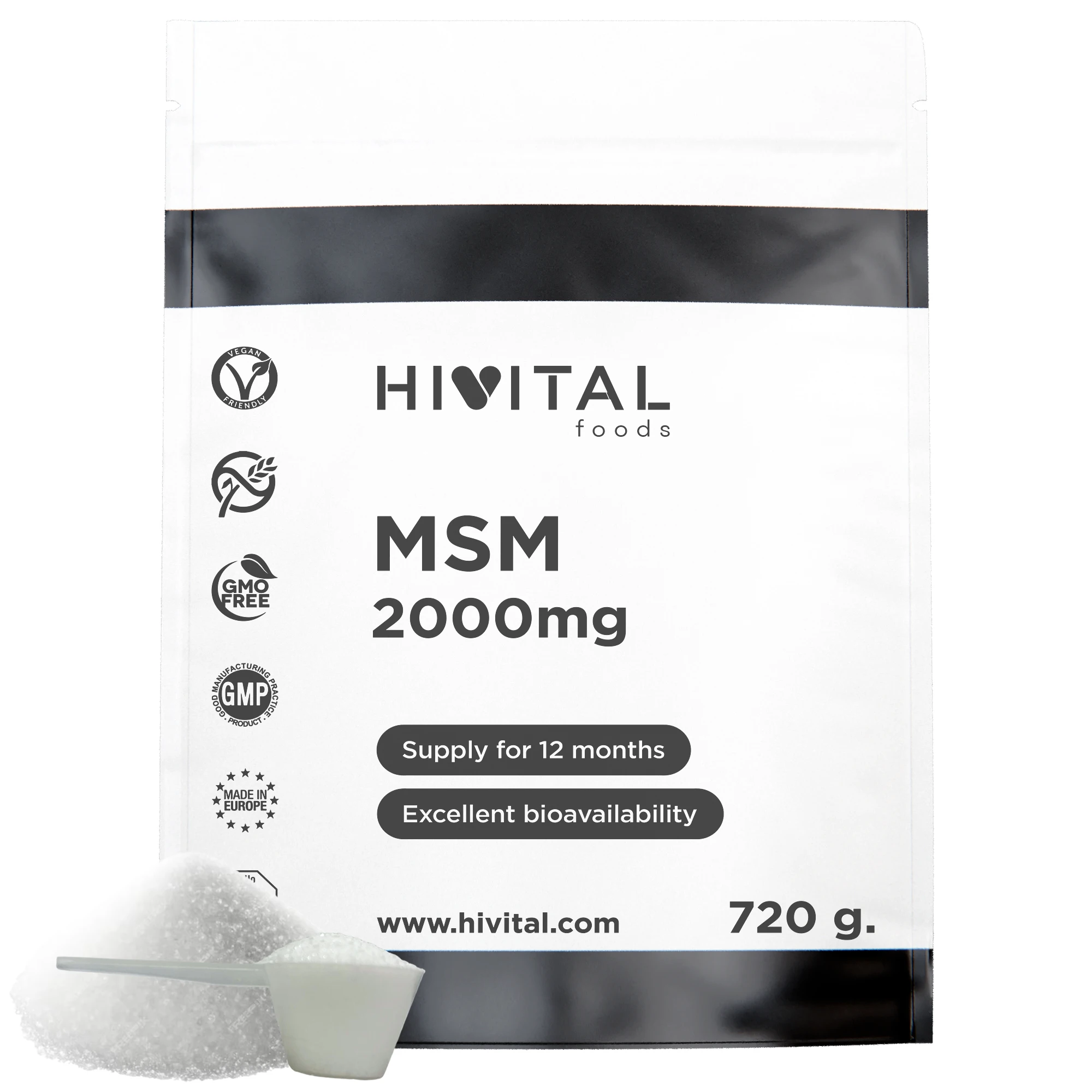 MSM 2000 mg | 720 gramos de polvo vegano. Hivital