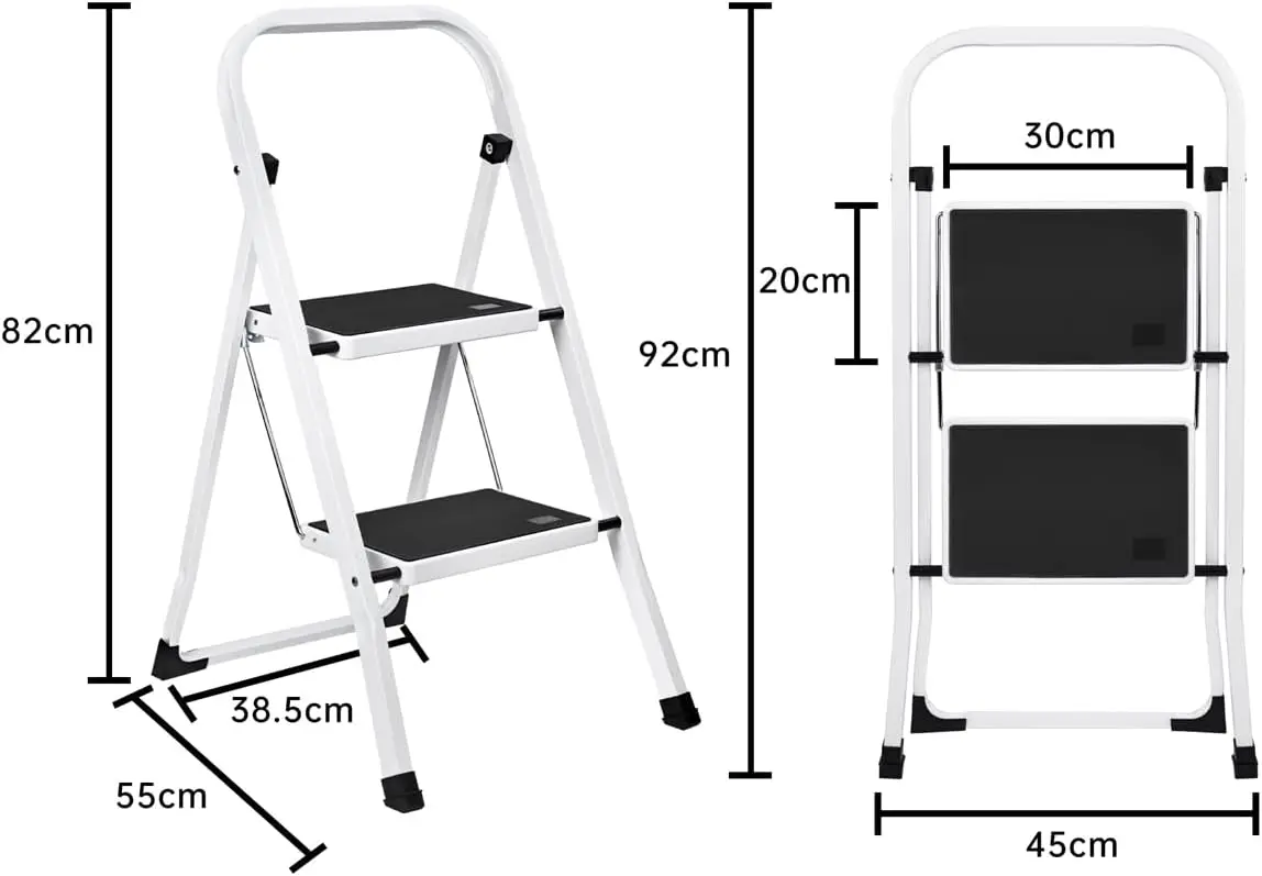 T-Lovendo Folding Ladder, Stepladder, 2 Steps, Stool, Non-Slip, Safety Lock, Easy to Store, Load up to 150 Kg, Ideal for Kitchen, Hallway, Garage, White...