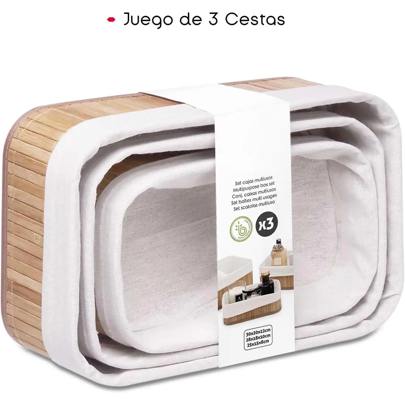 C.A - Juego de 3 Cestas de Bambú Forradas con Tela - Organización del Hogar en Color Natural - Grande 30 x 20 x 12 cm, Mediana 28 x 18 x 10 cm y Pequeña 25 x 15 x 8 cm
