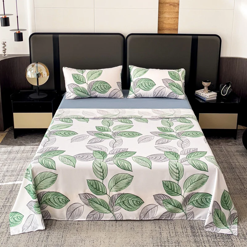 Juego de sábanas 4 piezas cama 135cm/150cm/180cm Color primavera - verano Estampado hojas verdes