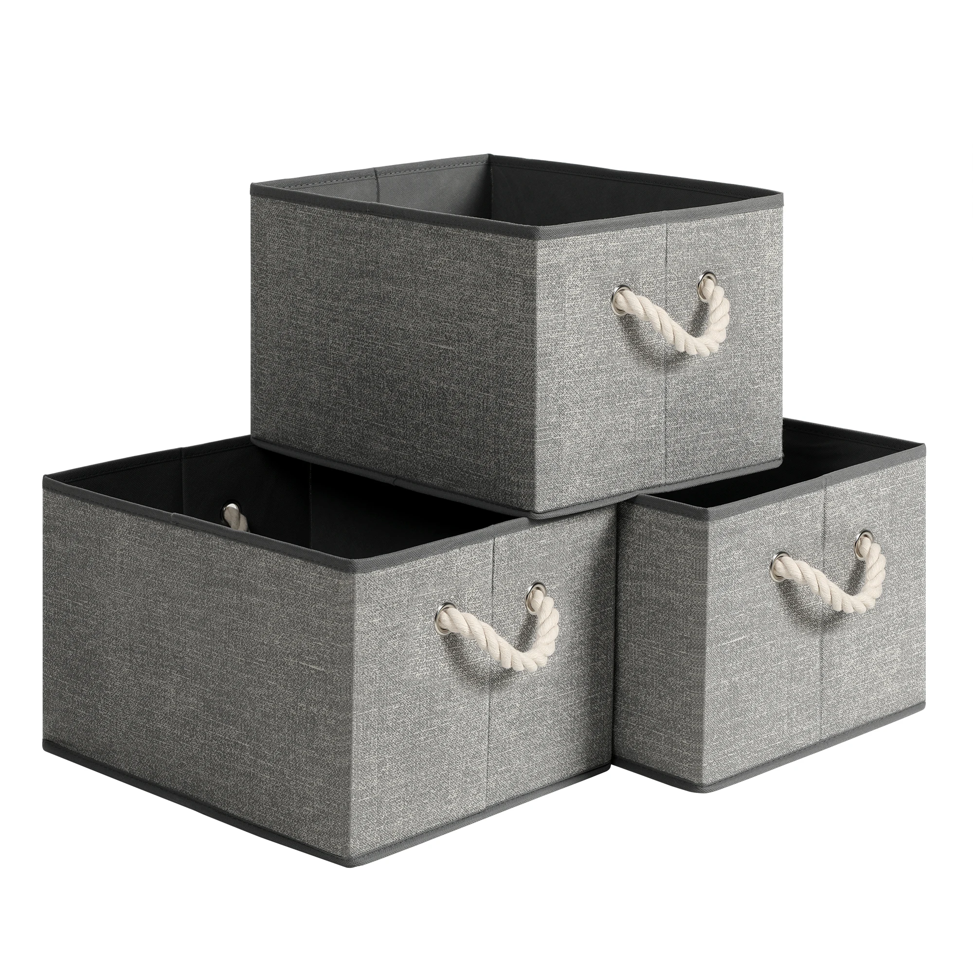 SONGMICS Caja Organizadora Plegable, Caja de Almacenamiento de Tela, Juego de 3, sin Tapa, con Asas, 40 x 30 x 25 cm, Patrón de Lino, Gris