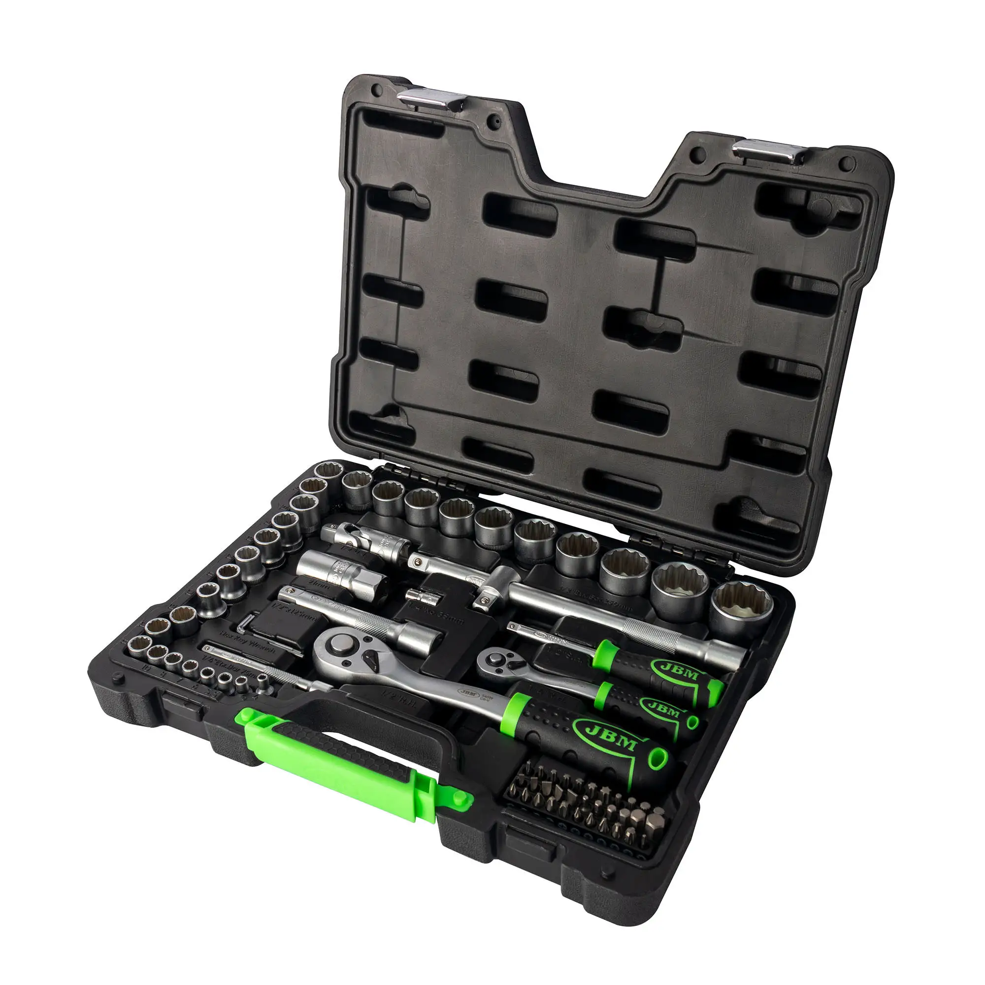 Jbm tool case model 53074 of 74 pieces with 12-edge 1/2"" and 1/4" zinc-plated sockets - complete set of manual tools for the home. Motorcycle, car and engine, excellent price