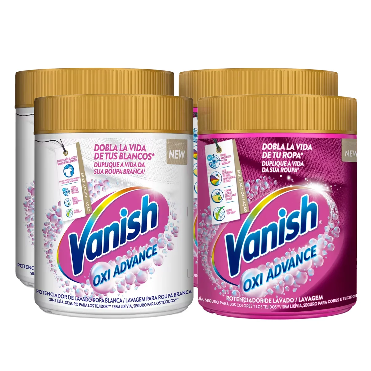 Vanish Oxi Advance Quitamanchas Lote Ropa Blanca + Ropa Color, Elimina Olores, Potenciador Lavado Polvo - 4x400 gr