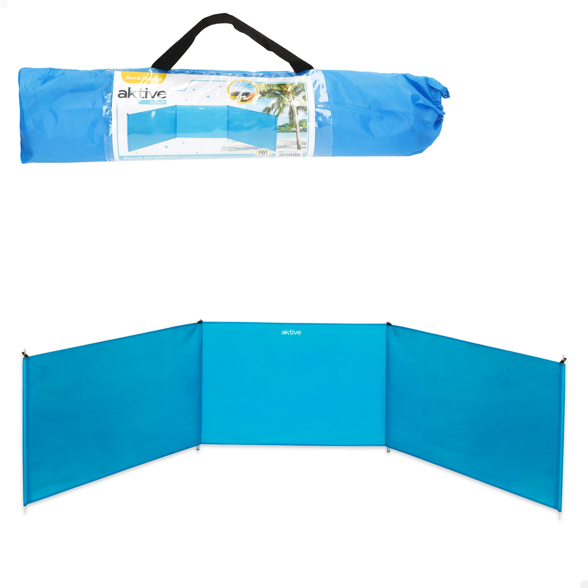 AKTIVE Paravientos playa, 300x75/85 cm, azul, 3 paneles,  poliéster, protección solar UV30, varillas de aluminio, con piquetas, funda de transporte con asa, cortavientos plegable, camping gas