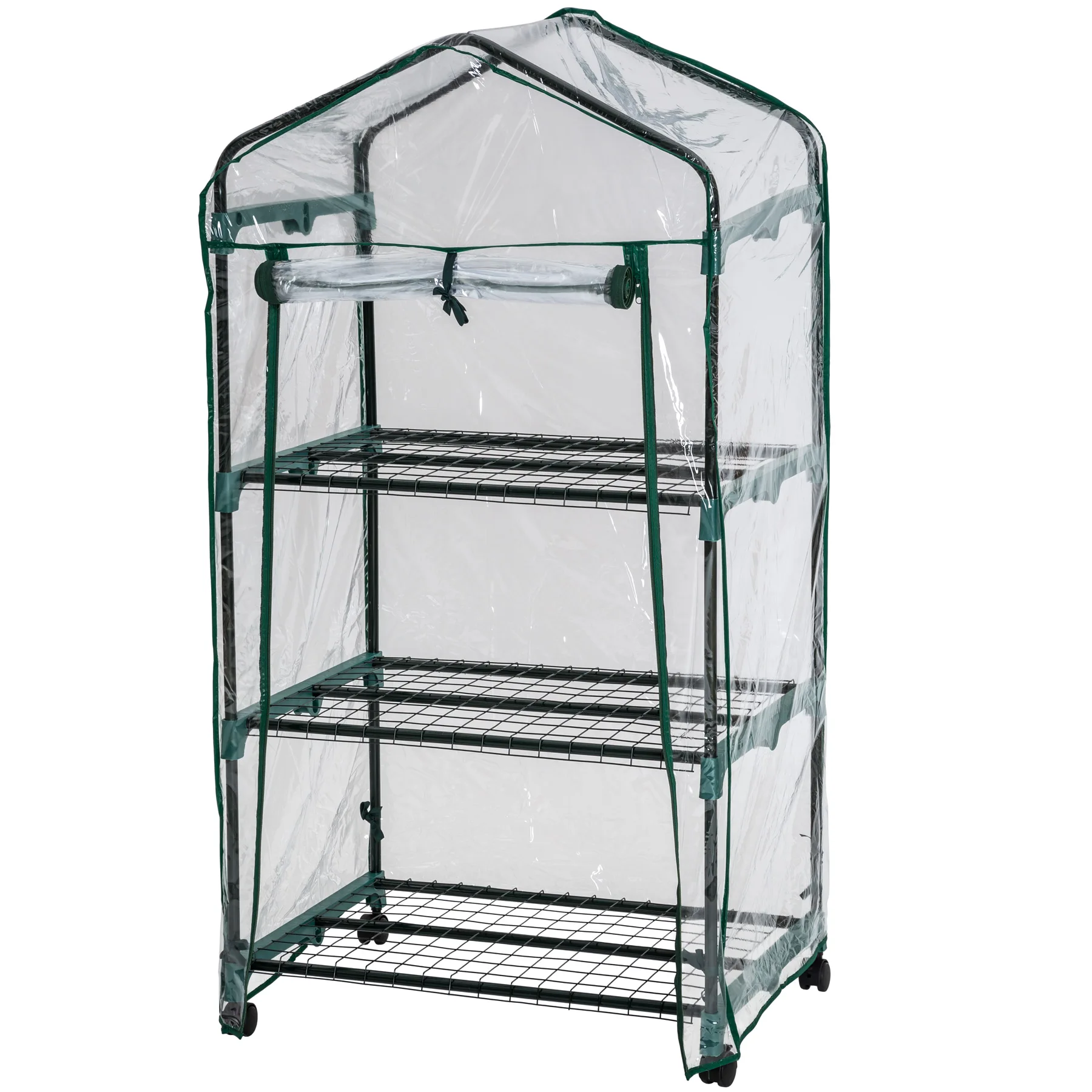 Tectake-greenhouse with 3 shelves 69x49x125 cm protects plants from cold, rain and frost entry: 51x104 cm rolling and with wheel lock to move it easily