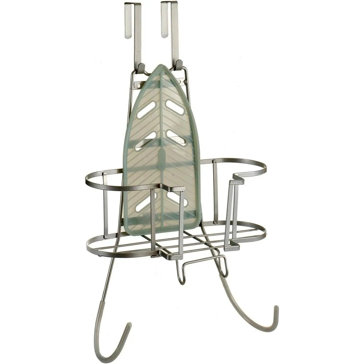 Soporte de Planchado de Metal y Silicona 53x30x12,5 cm para Puerta y Pared, Organizador Multiusos con Espacio de Almacenaje y Control de Cable, Cuelga Tabla de Planchar, Accesorio Resistente y
