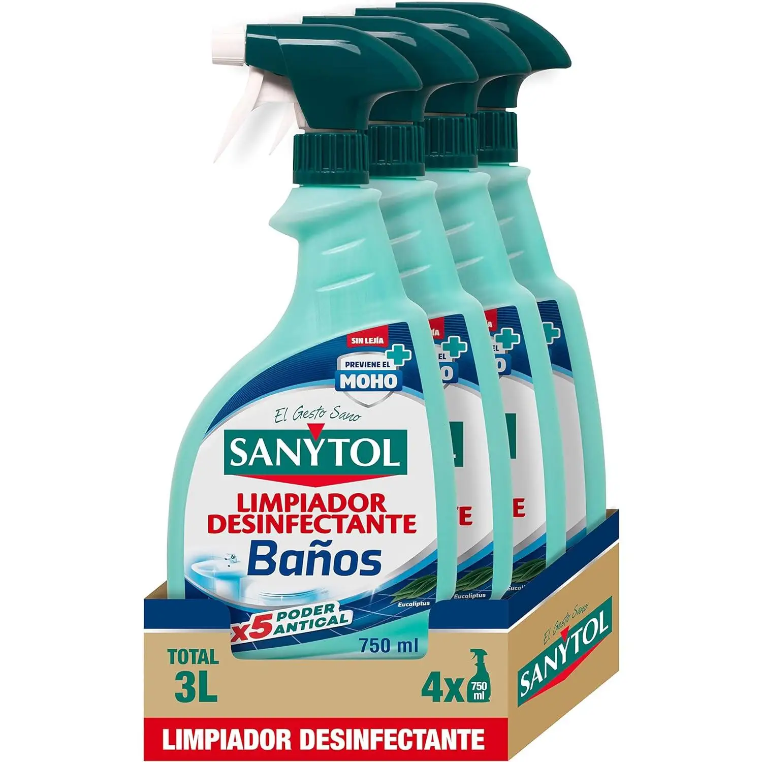 Limpiador Desinfectante Antical Baños Sanytol - Elimina Bacterias, Hongos y Virus Sin Lejía - Perfume Eucaliptus - Pack de 4 X 750 ML
