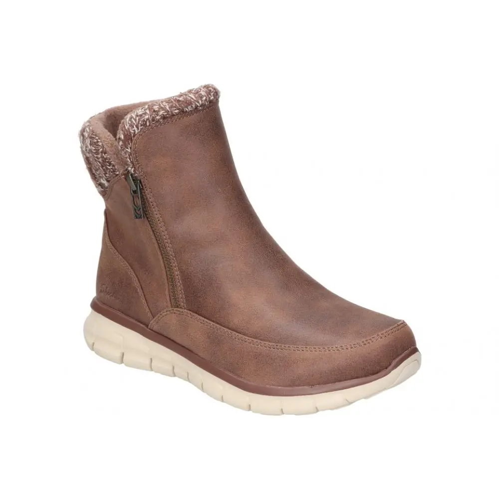 SKECHERS/Women's Skechers Synergy Lovely ankle boots-brown wedge ankle boots-zippered booty-low wedge and comfortable-winter-Casual style-167941-BRN