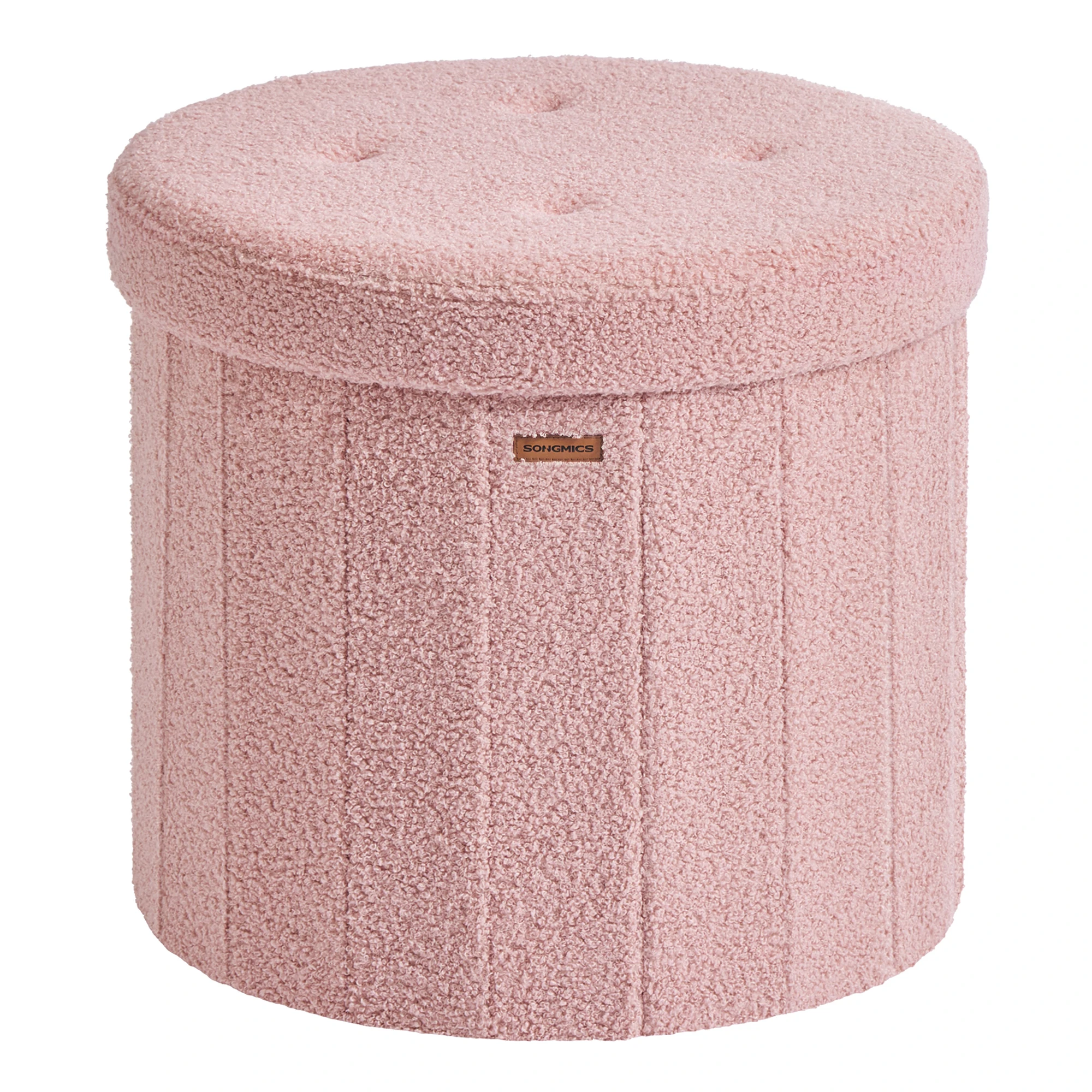 SONGMICS Mazie Colección - Banco Redondo, Taburete Reposapiés Plegable con Tapa Extraíble, Montaje Fácil, Puff de Peluche para Dormitorio, Sala de Estar, Entrada, Rosa Jalea/Blanco Crema