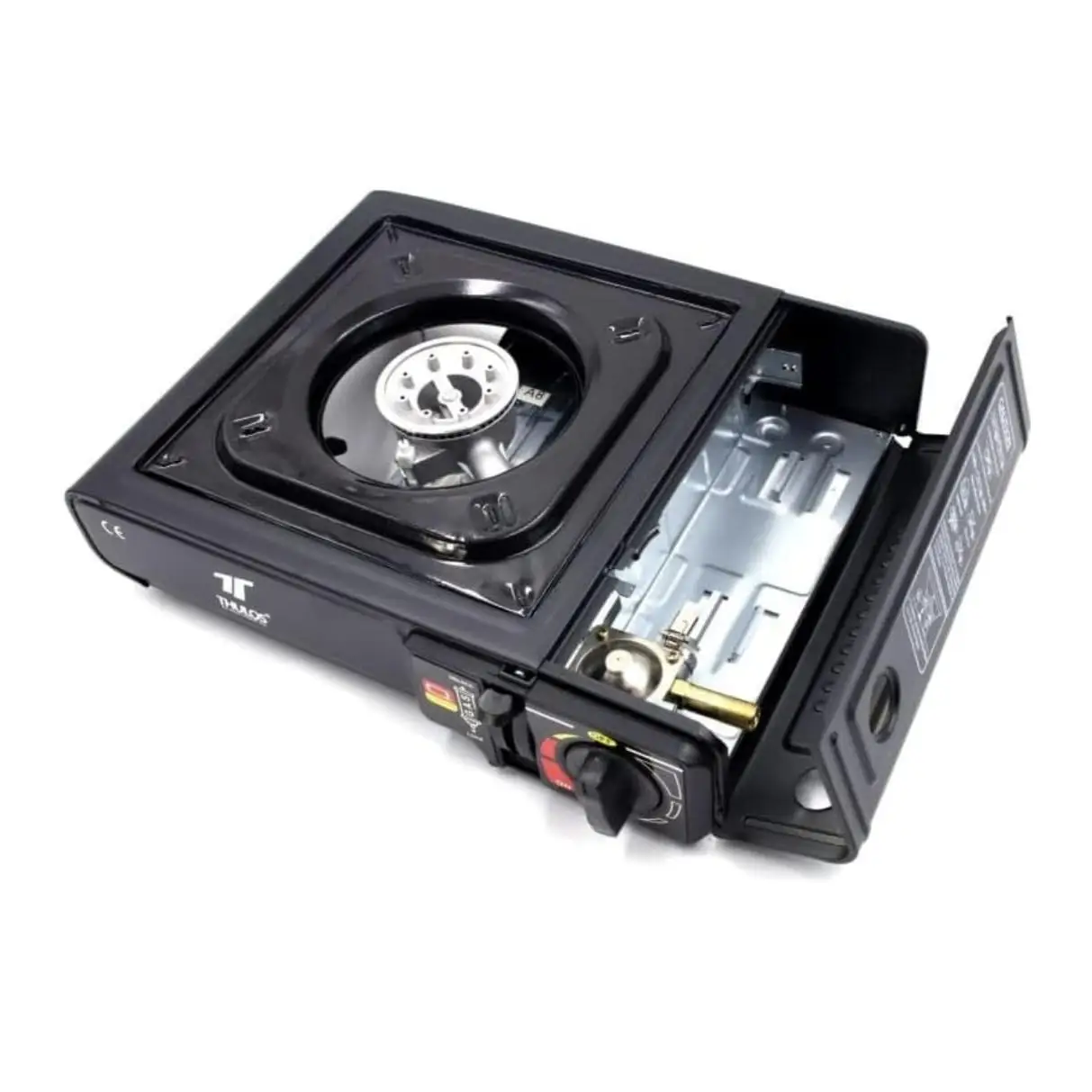 Cocina De Gas Portátil Dual, Thulos TH-GS0192.5 kW, Compatible con Cartucho o Botella de Gas, Encendido Piezoeléctrico, Negro