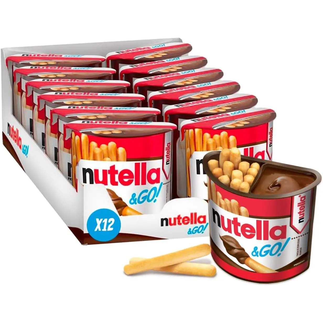 KINDER Nutella & Go 52g caja de 12 unidades - Crema de cacao, avellanas y leche Nutella en envase de plástico con palitos de pan para mojar. Ideal para llevar a cualquier parte por su comodidad muy delicioso