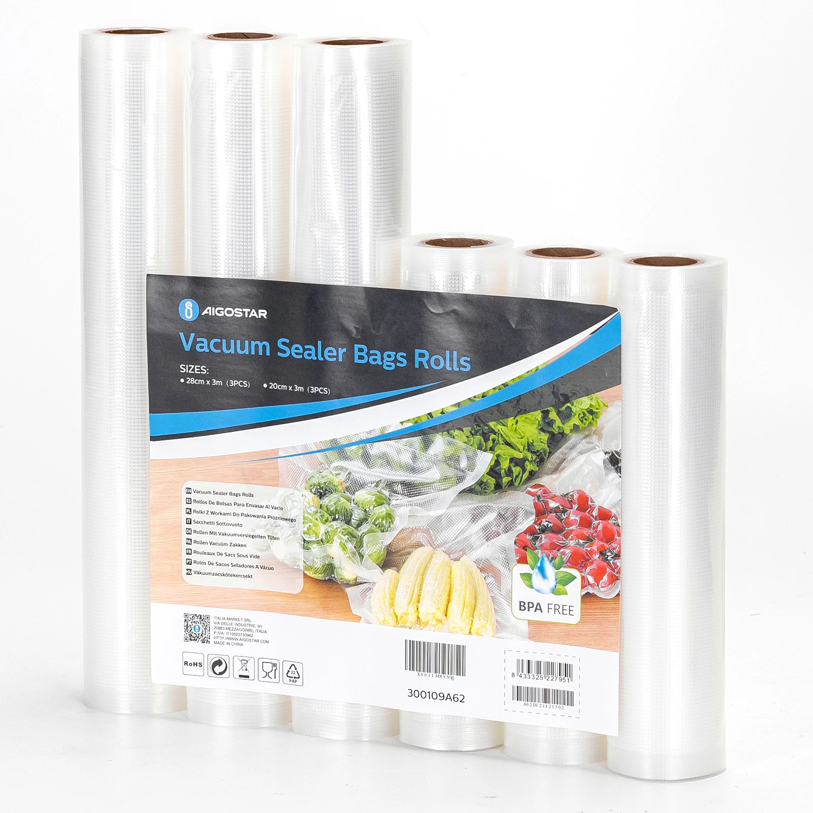AIGOSTAR Bolsas Para Envasar al Vacío Alimentos, Pack de 6 Rollos de 20x300 cm y 28x300 cm.Aptas para Máquinas de Envasado al Vacío.