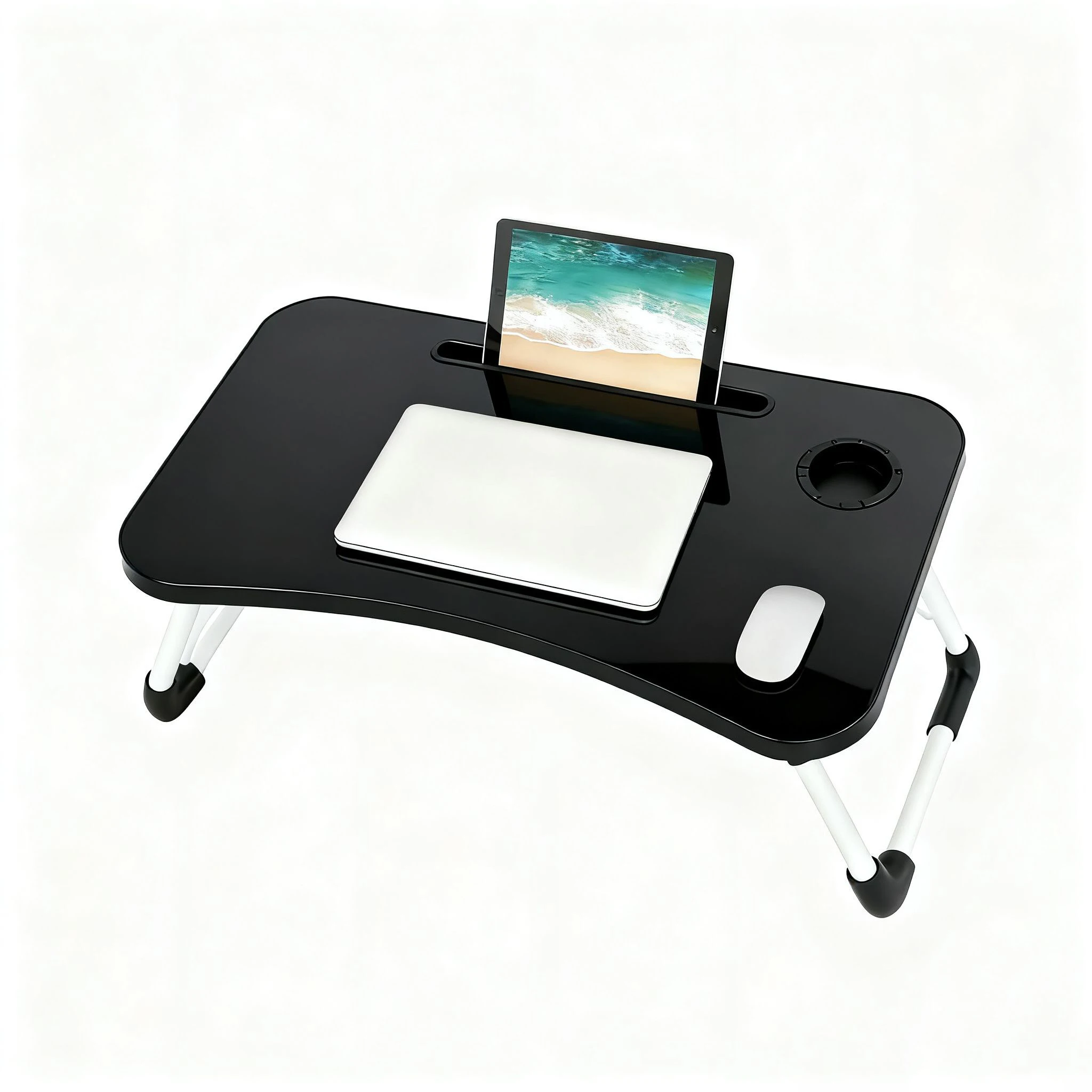 Mesa plegable portátil multifuncional de una pieza para cama: mesa ligera y resistente para ordenador portátil con ranuras para vasos y tabletas, pies antideslizantes; adecuada para dormitorios,