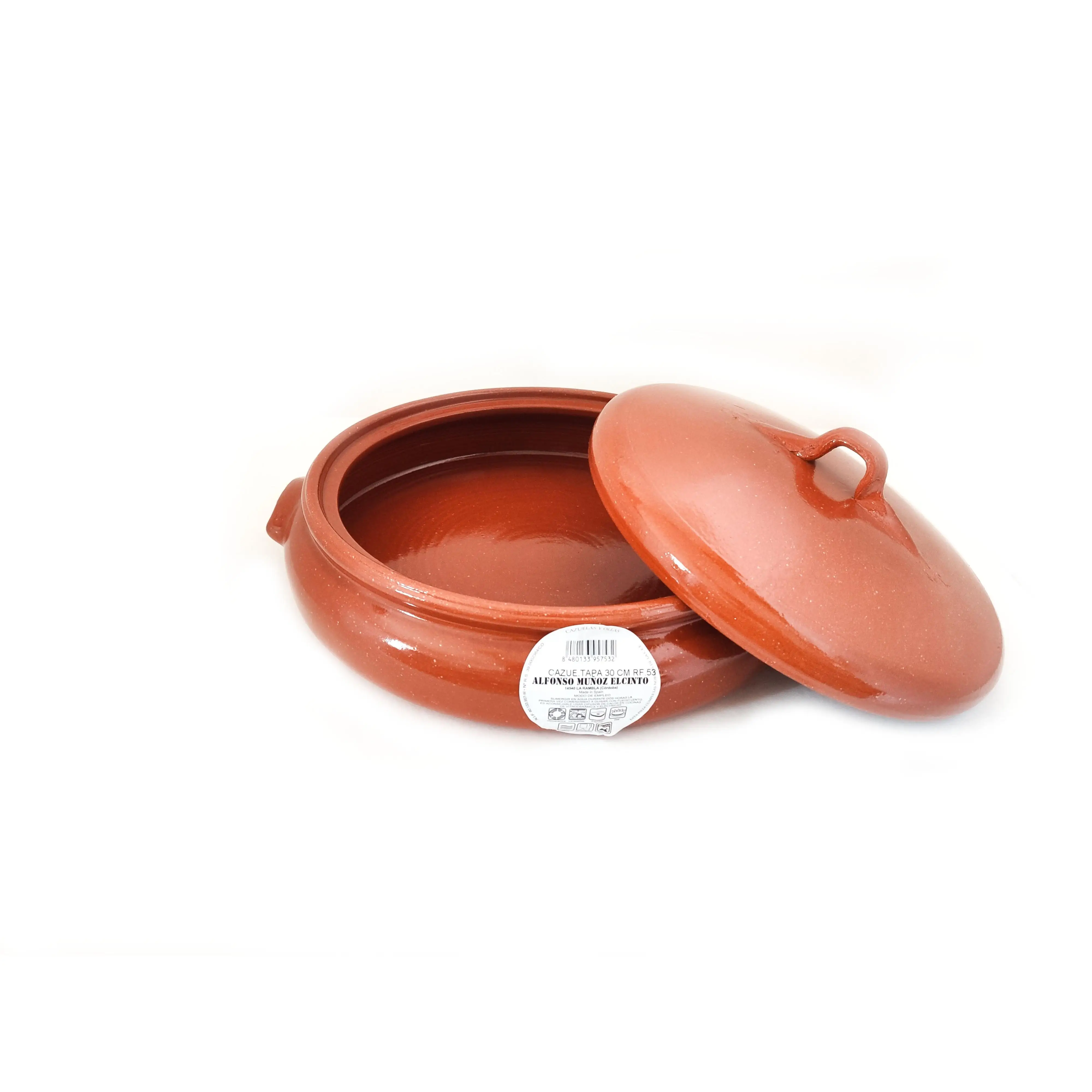 Cazuela baja con tapadera de 30 cm de barro refractario | Apta para vitro, horno y gas | Asados | Guisos | Fuego directo | Horno leña | Tradicional | Recipiente cerámico artesano