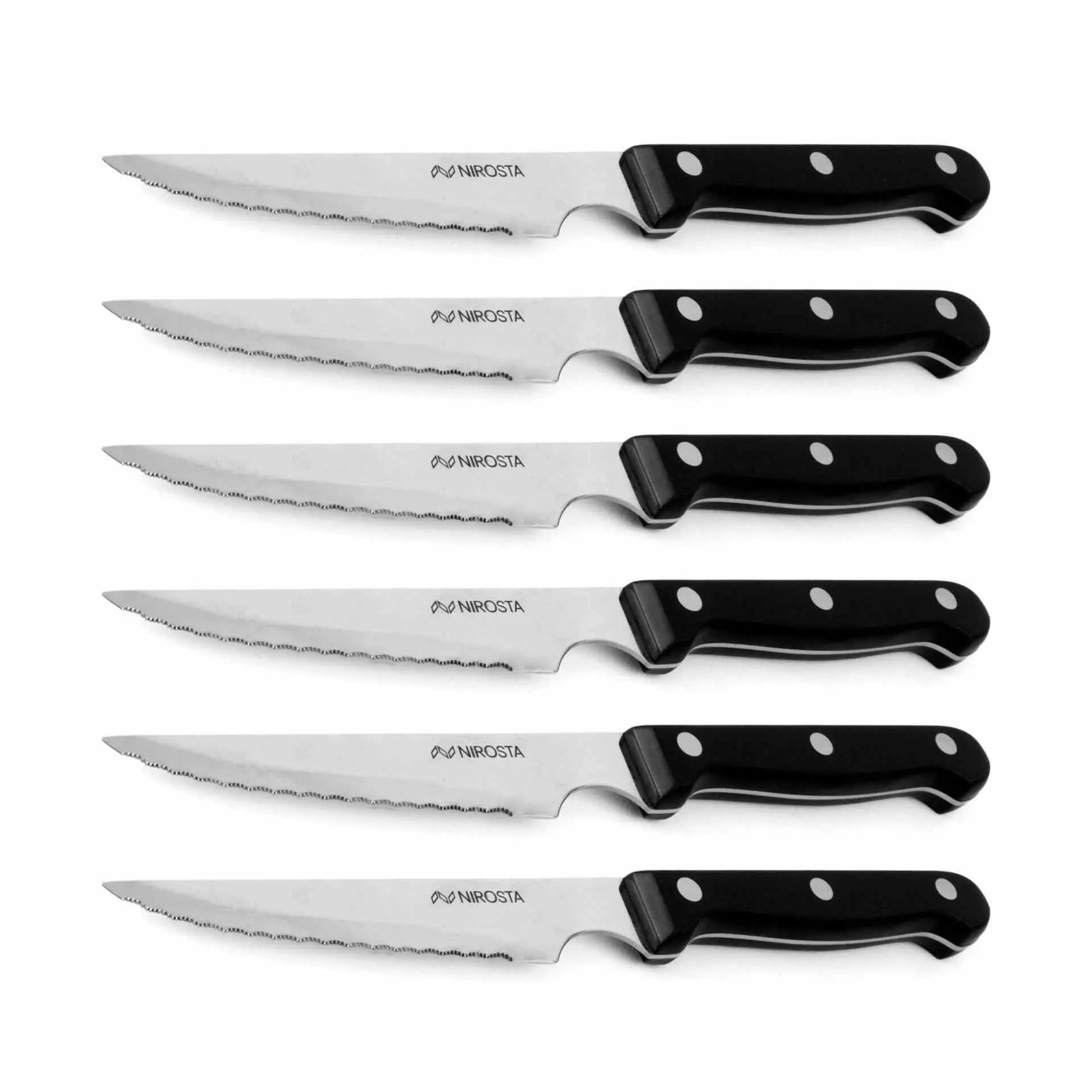 Nirosta Cuchillos Chuleteros de Acero Inoxidable, Pack de 6 Cuchillos Cocina Profesional 21cm, 6 cuchillos chuletas y carne, Color negro, mango de Plástico con 3 Remaches, 6 unidades