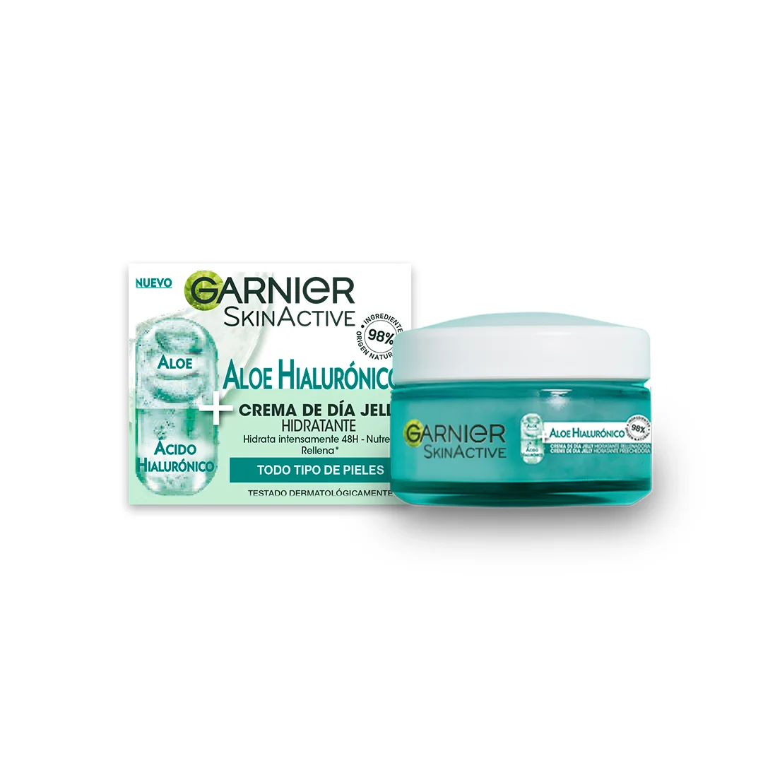 Garnier Crema de Día Aloe Hialurónico con Aloe Vera + Ácido Hialurónico. Hidrata intensamente 48h - Nutre - Rellena.