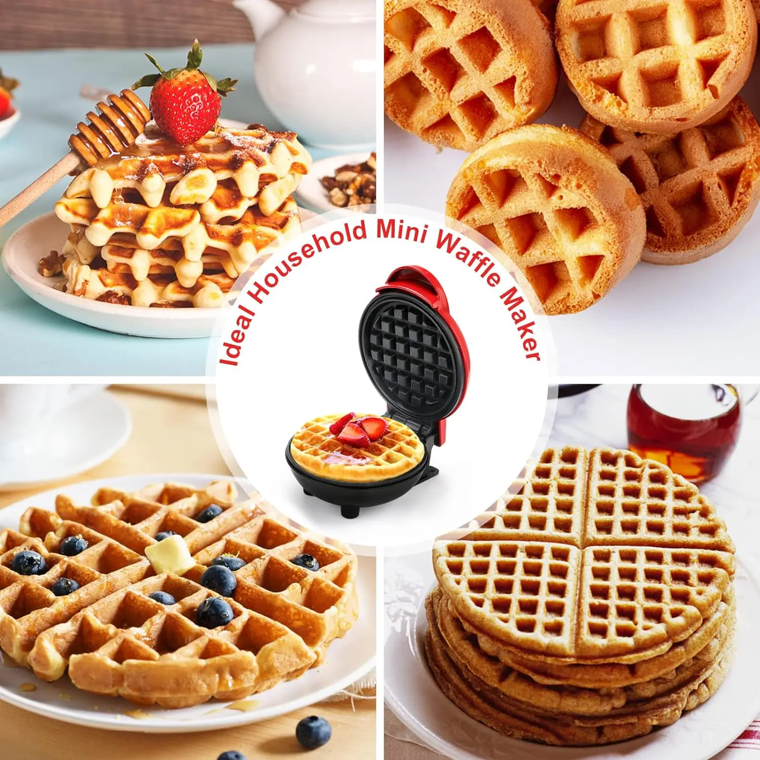 350W Mini Waffle Maker, single Waffle Maker, Waffle Maker, Waffle iron machine, non-stick, handle with cold touch, small automatic appliance for kitchen, family party celebration, pastry, cafeteria, Bar, red