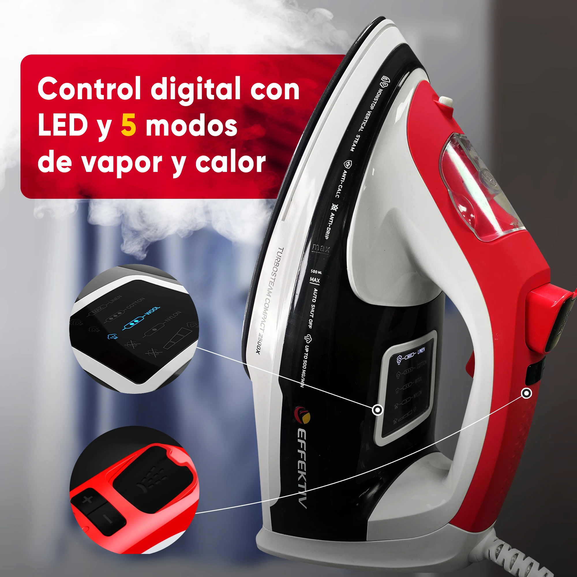 EFFEKTIV - Steam Iron 2500 X, a versatile 3-in-1 iron with ceramic soleplate, 2800W power, 5 modes including vertical steam, 990 mg/sec continuous steam, and automatic shut-off for safety, ideal for all fabric types.