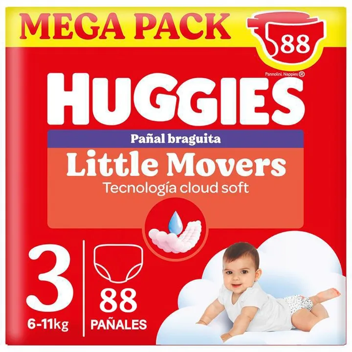 Huggies Little Movers Pants para Bebé, Tallas 3,4,5 y 6. Doble barrera Antifuga, Tecnología Quick dry, Indicador de humedad, Bebé seco hasta 12 horas, Cintura suave y Ajuste delicado a la barriguita, Comodidad para la piel 24/7, Diseños Disney.