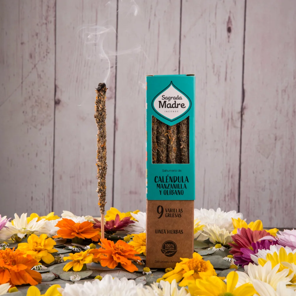 Sacred Mother-artisan incense calendula and chamomile (Herb line) Natural hand-made incense of 1 hour duration and 9 fat rods vegan, Cruelty-Free, eco-friendly, with holy wood and natural resins, without aromatics.