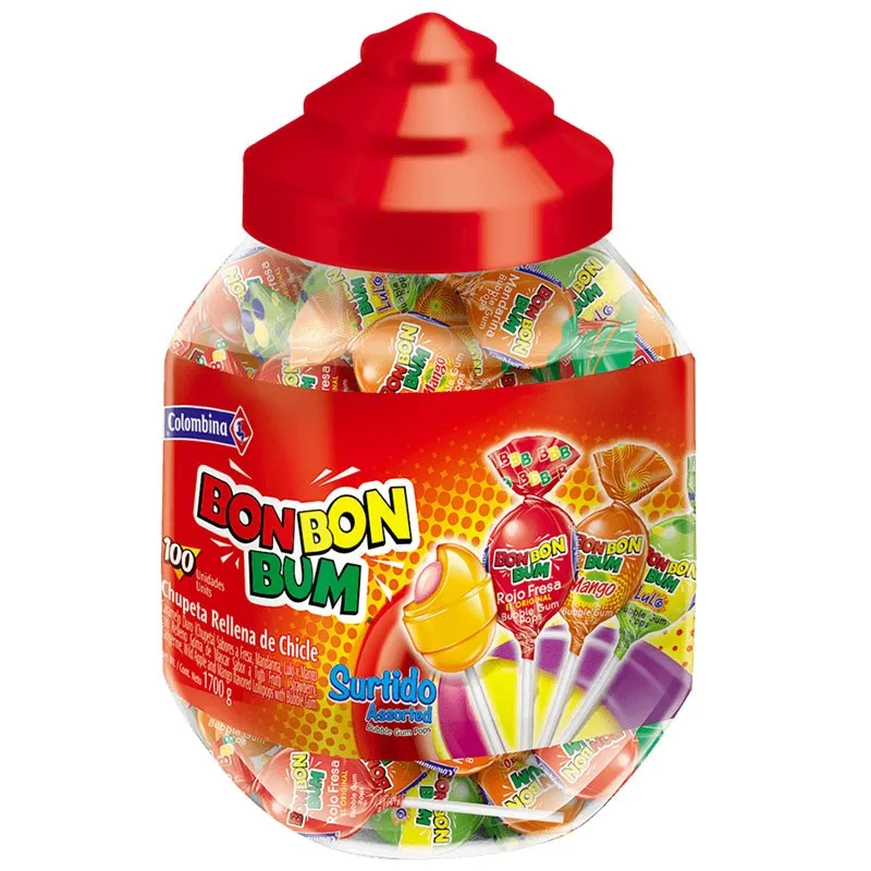 BON BON BUM COLOMBINA - BOTE SURTIDO 100 UNIDADES - CARAMELO con PALO RELLENO DE CHICLE - CHUPACHUPS