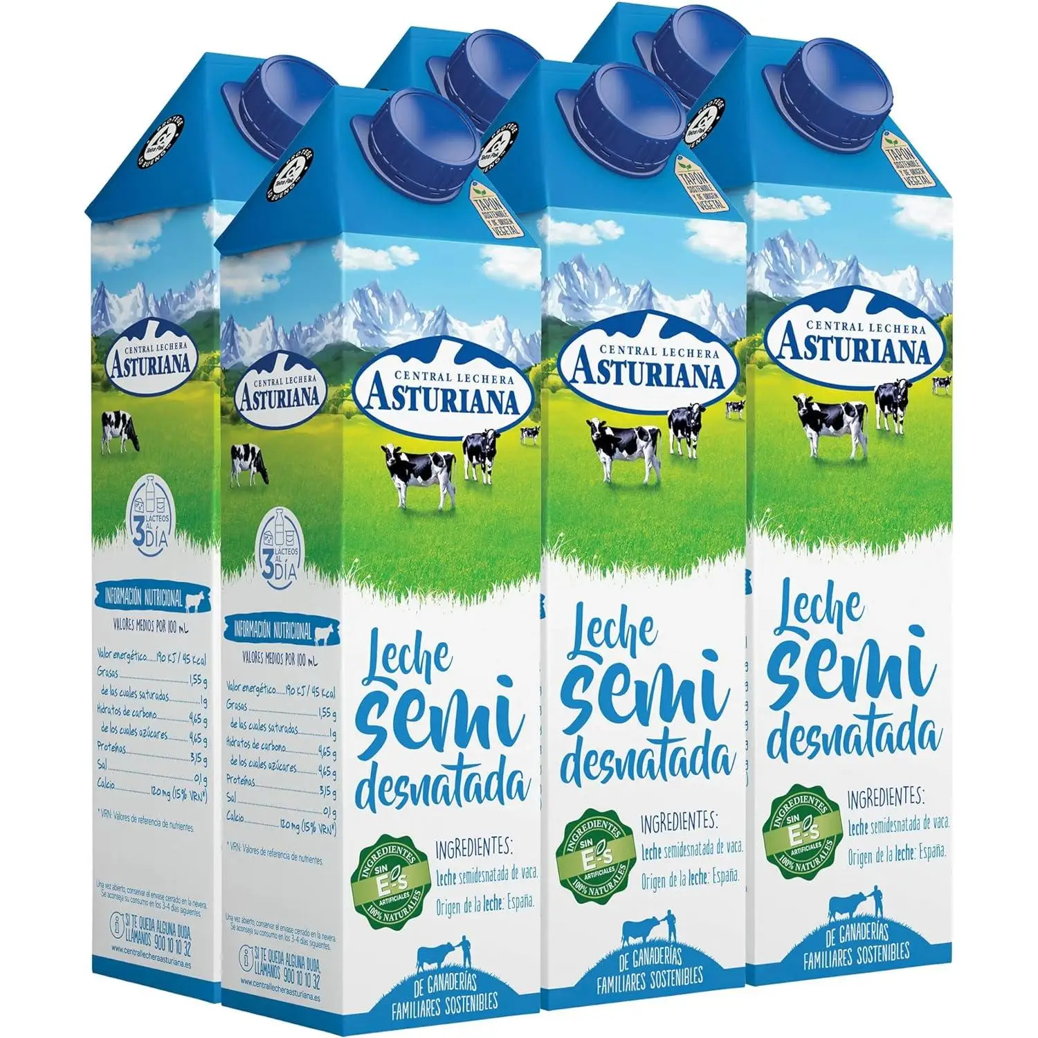 Leche Semidesnatada, Líquido, 6 x 1L Botella -Central Lechera Asturiana
