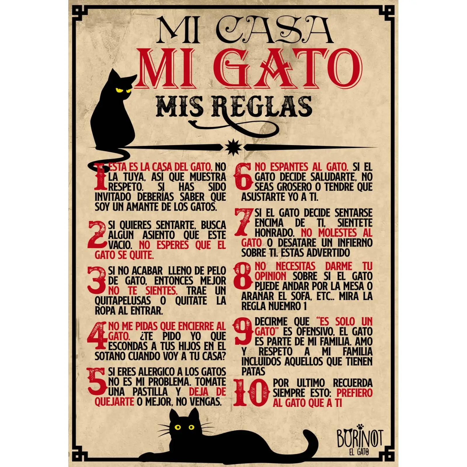BORINOT EL GATO Cartel Decorativo De Gato - Cartel Normas Gato - Cartel Reglas Gato - Cuadro Gato - Cartel A4 en Cartón Pluma
