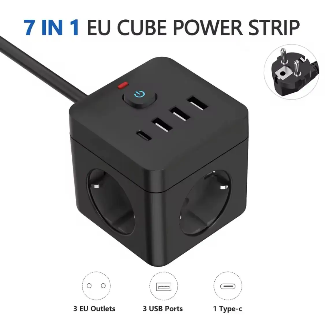 ORION91 Power CUBE 7 in 1 black 3 meters overvoltage protection cable, 3 outlets CA, 3 USB, 1 type C - SpazioLuzio