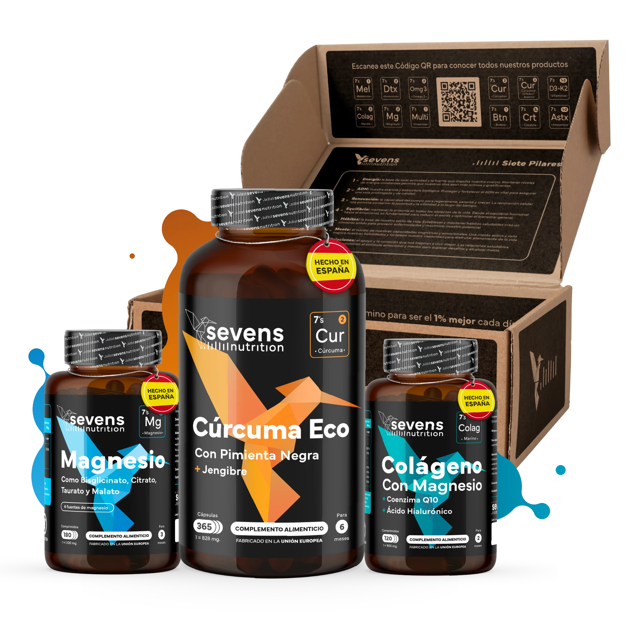 Pack Cúrcuma Bio 365 + Magnesio 180 + Colágeno Marino 120 – Cápsulas y Comprimidos – Sevens Nutrition