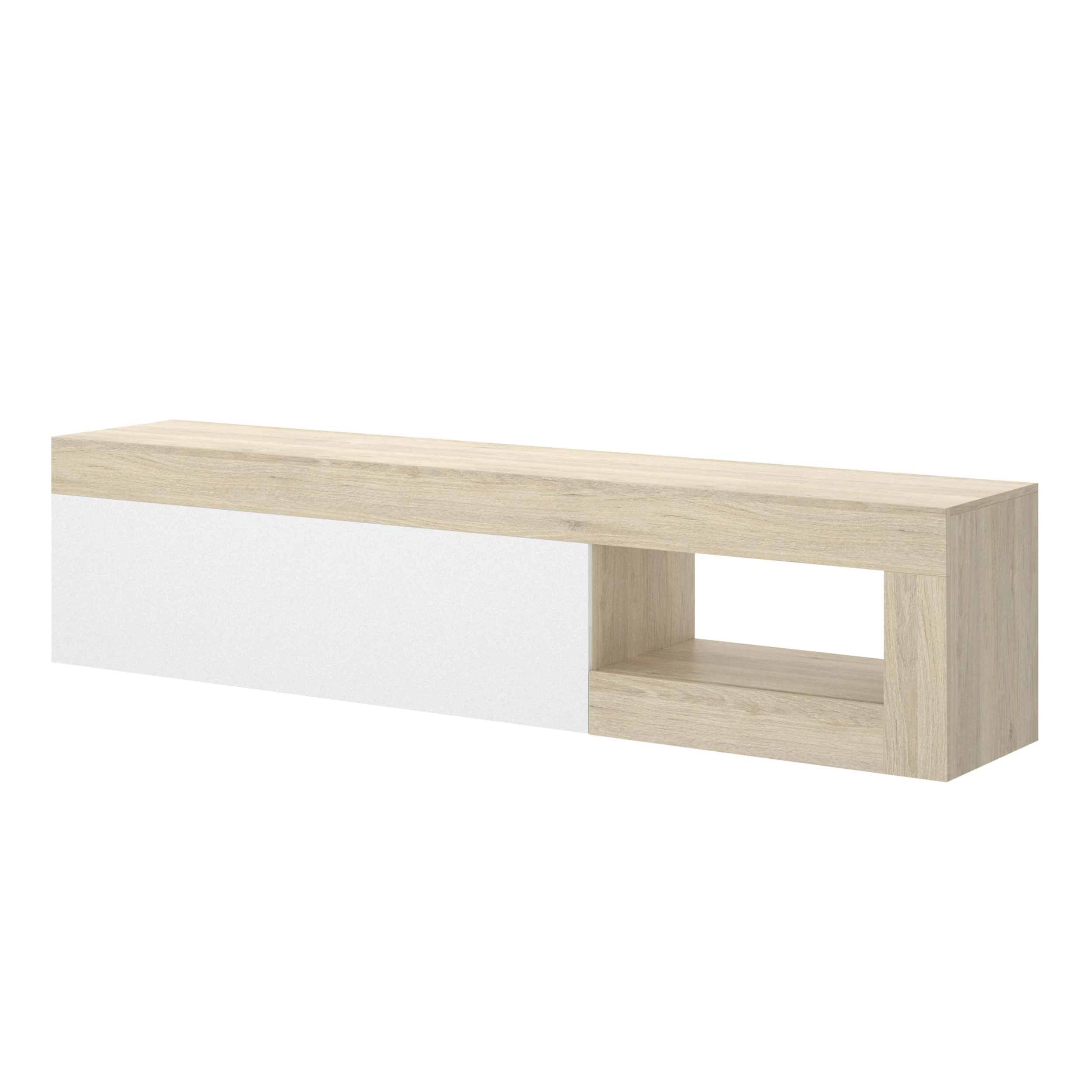 MOBELCENTER - Mueble de TV Lebo Moderno con 1 Puerta 1 Hueco - Color Natural y Blanco Brillo - Ancho: 204 cm x Fondo: 42 cm x Alto: 48 cm (1338)
