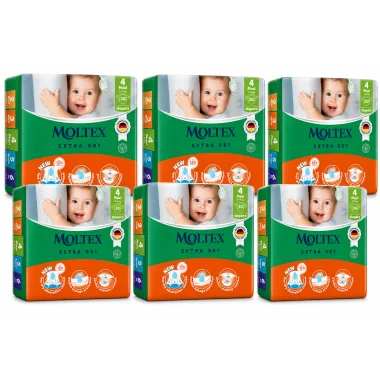 Moltex Extra Dry Talla 4 (9-14 kg) Pack Ahorro 180 Pañales (6x30) – Máxima Absorción y Ahorro Diario