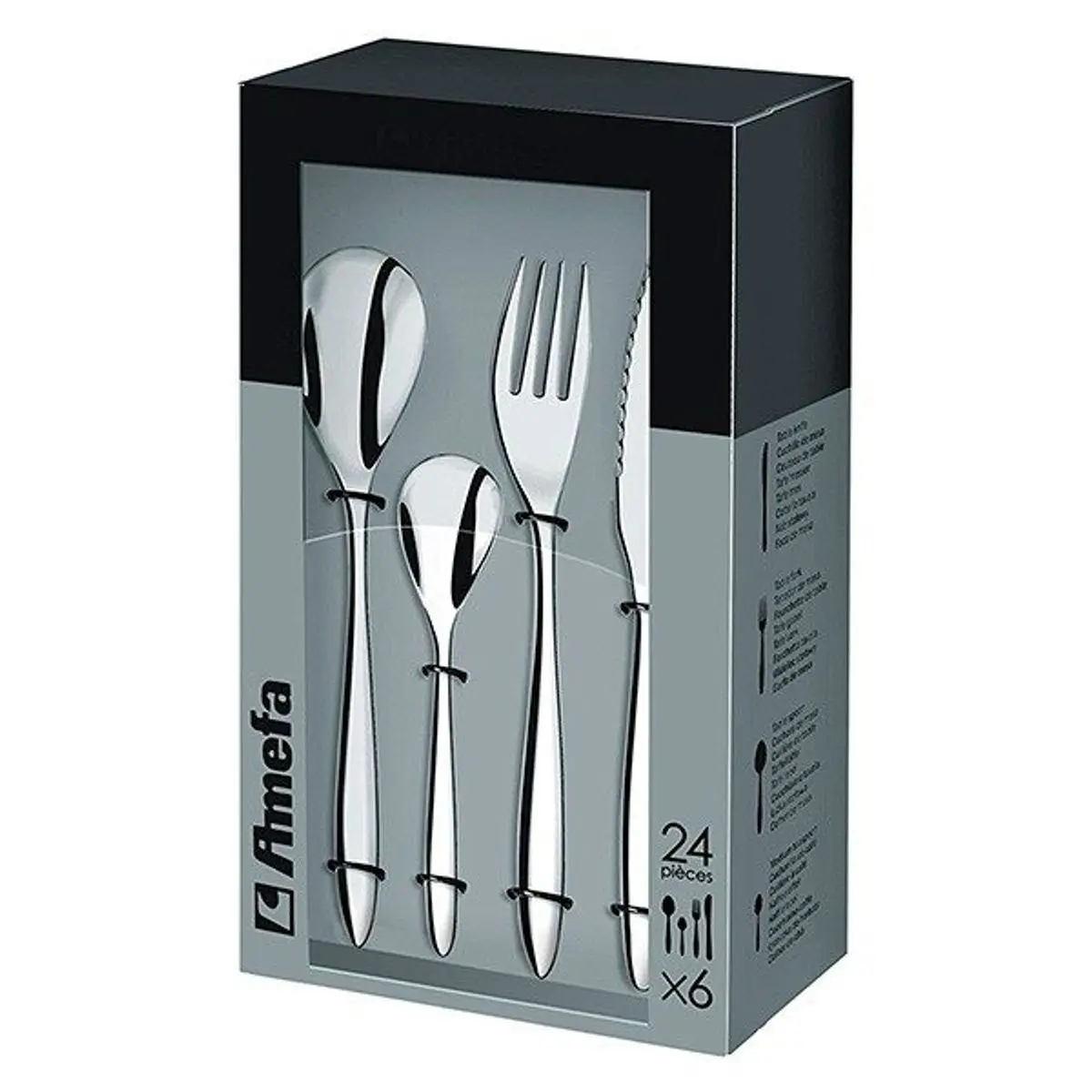 Amefa Nymphea 24-Piece Stainless Steel Cutlery Set with Ergonomic Handles and Non-Stick Coating, including 6 forks, 6 knives, 6 soup spoons, and 6 dessert spoons for hygienic home use.