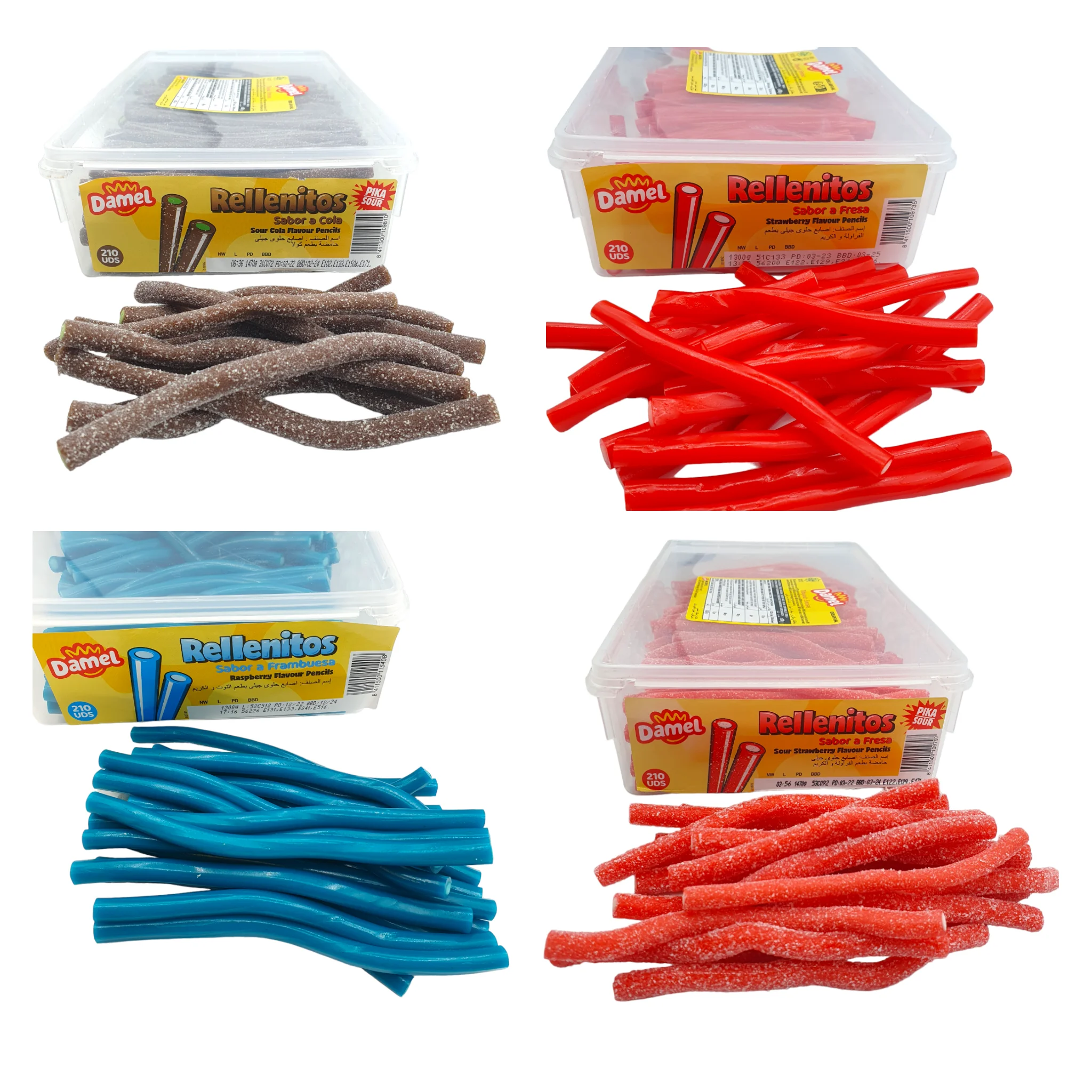 Rellenitos Damel Fresa - Pica Fresa - Pica Cola - Frambuesa - Regaliz Relleno Damel 210 Unidades - Dulcipica - Sabores Surtidos
