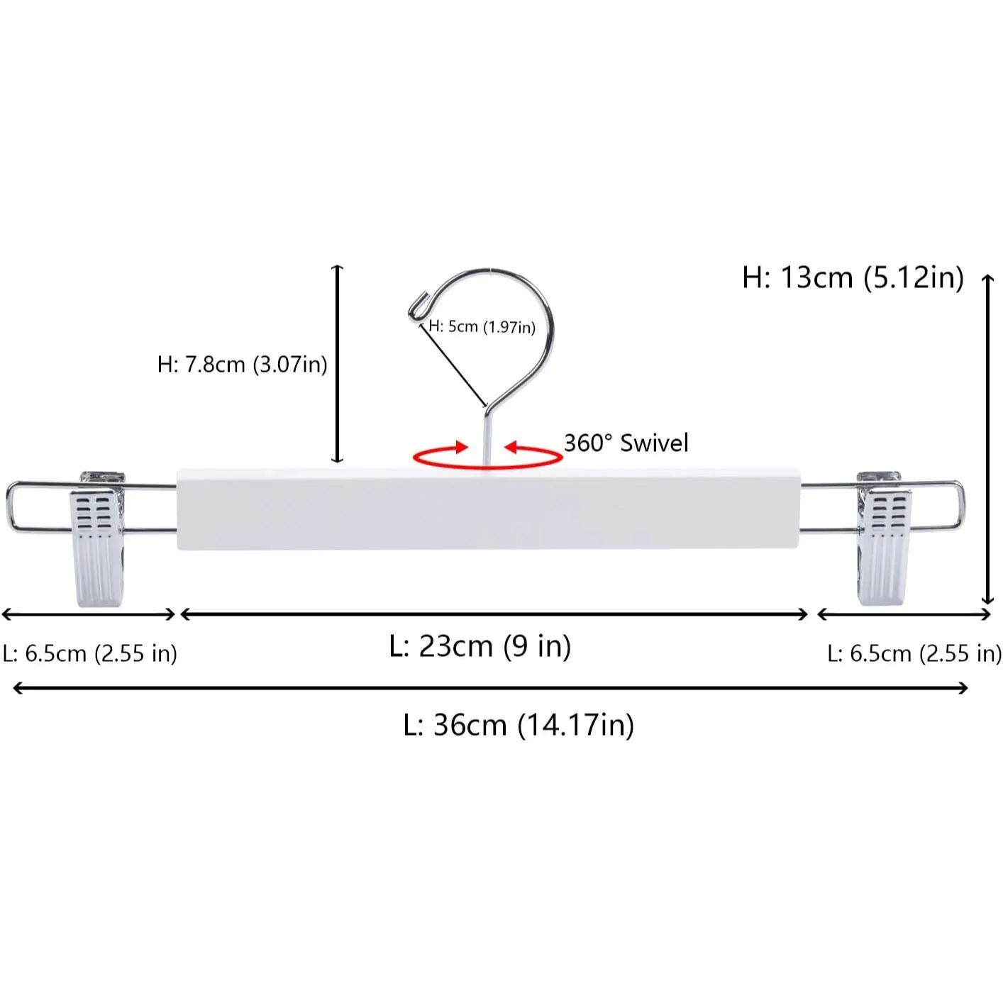 Wooden Clothes Hanger with Clips - 31cm Length, 1.2cm Thick, 360° Rotating Hook, Non-Slip Rubber Padding, Suitable for Pants, Shorts, Skirts, and Undergarments, High-Quality Metal and Wood Construction, Set of 10