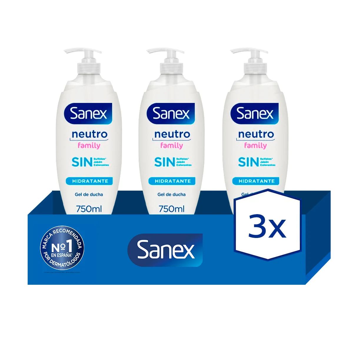 Sanex shower Gel neutral Family Pump 750ml Pack of 3 | Care for the whole Family. Soft care for the skin of the whole family.