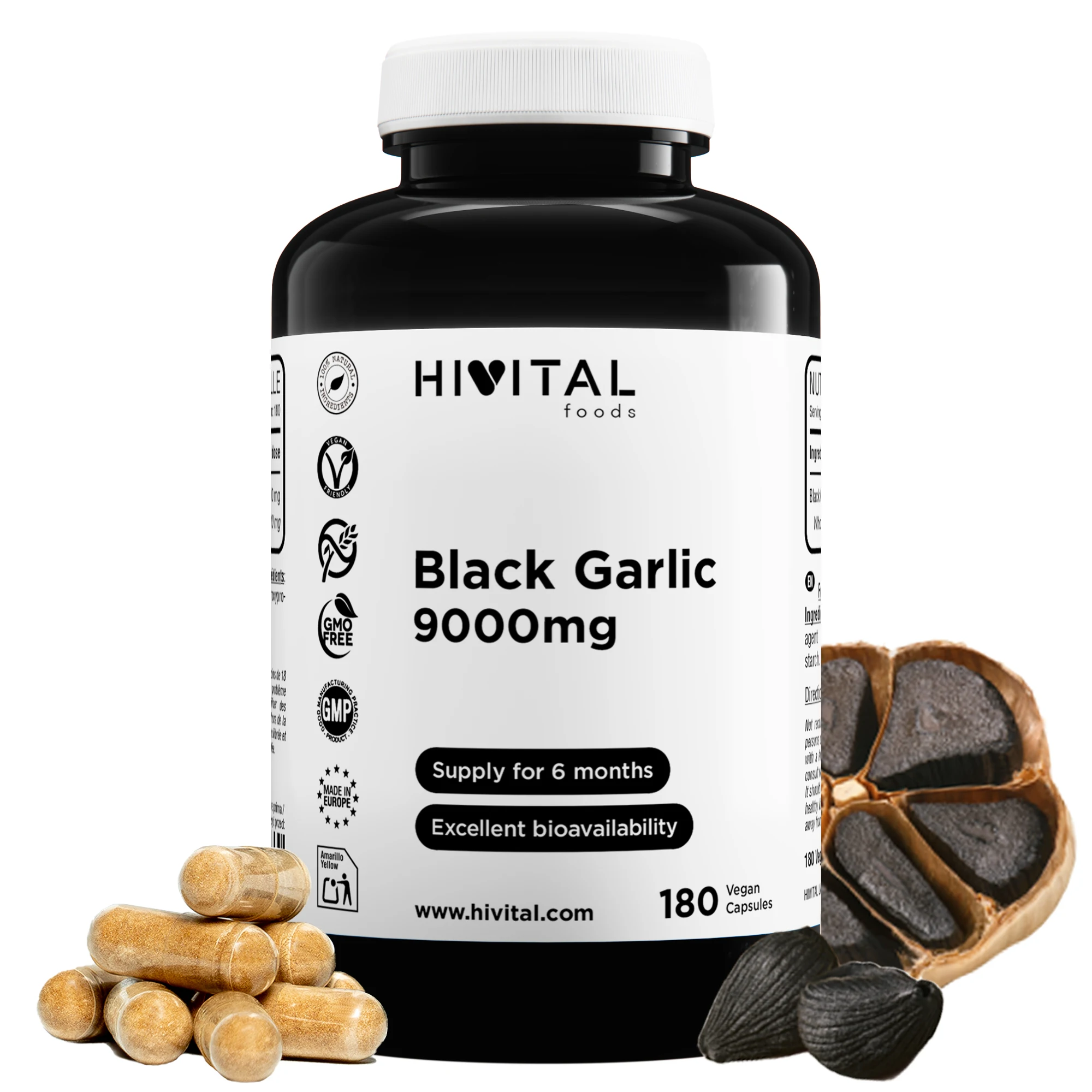 Ajo Negro 9000 mg | 180 cápsulas veganas. Hivital