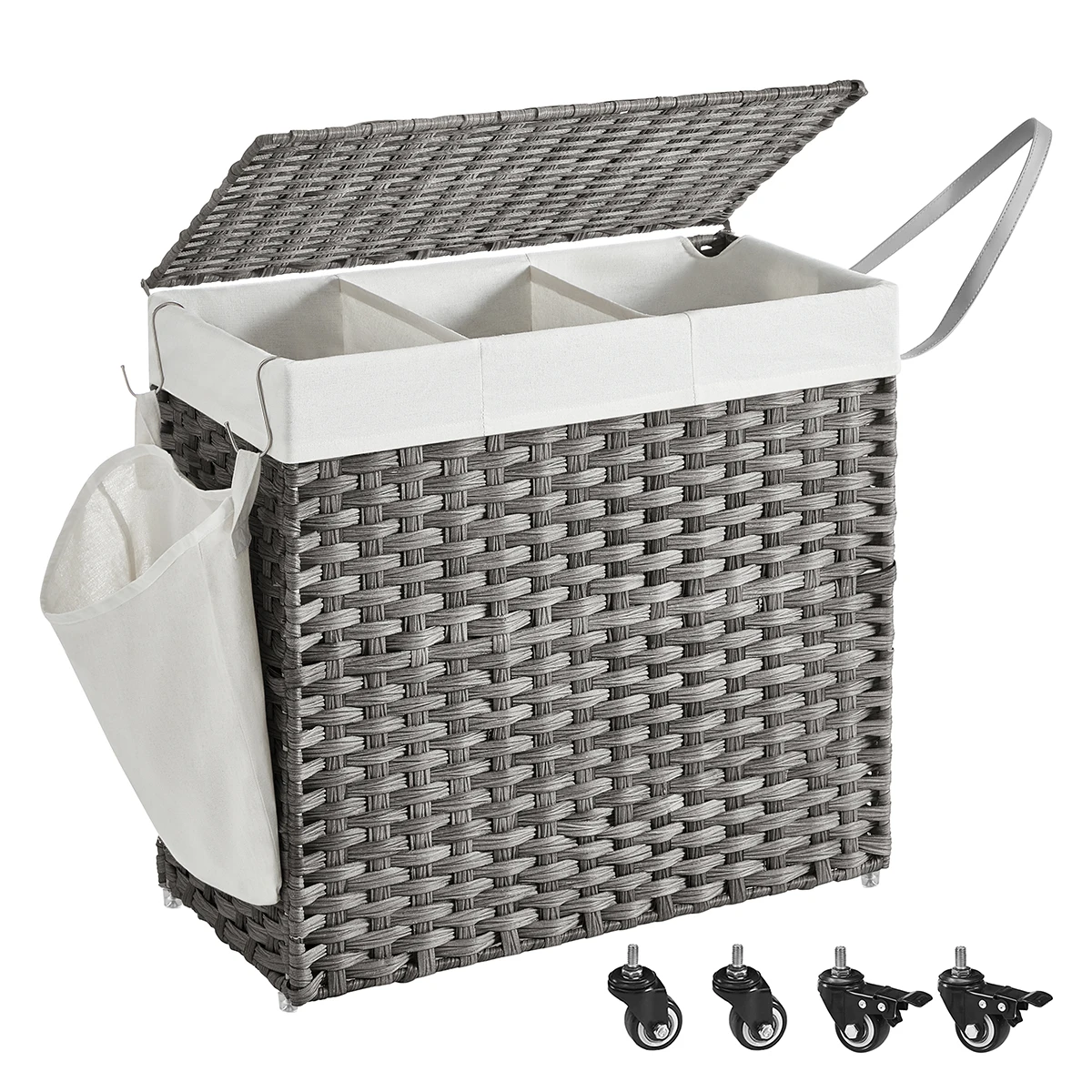 SONGMICS Cesto Ropa Sucia con Tapa, 140 L/160L, Cesta Colada Estilo Ratán con Ruedas, con 3 Compartimentos, Bolsa Interior Extraíble, para Lavandería, Dormitorio, Gris