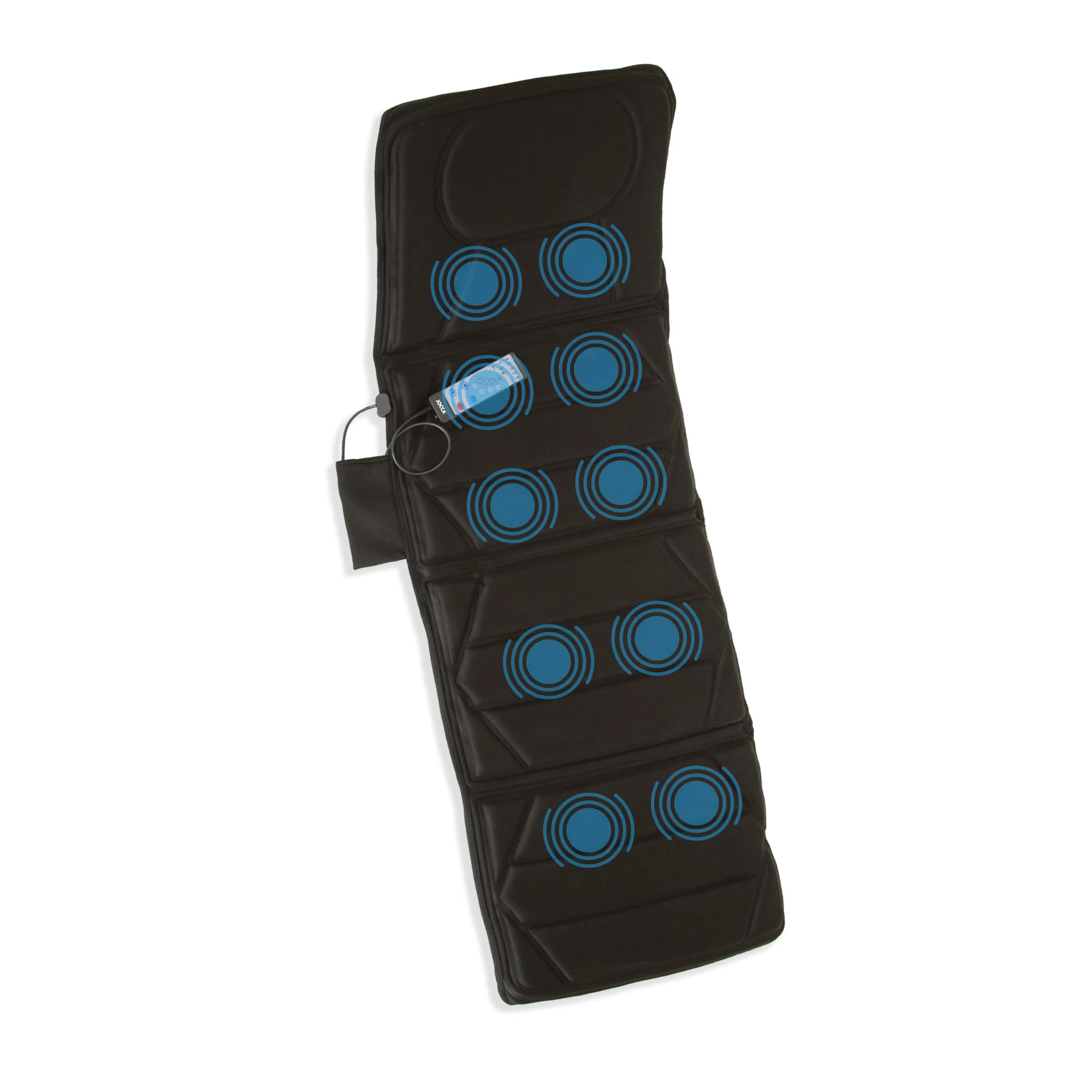 Colchón masajeador Jocca con 4 zonas: cuello, espalda, lumbares y muslos, 10 motores, 5 modos de masaje, intensidad ajustable y calor relajante. Plegable y ligero. Bolsa de transporte opcional.