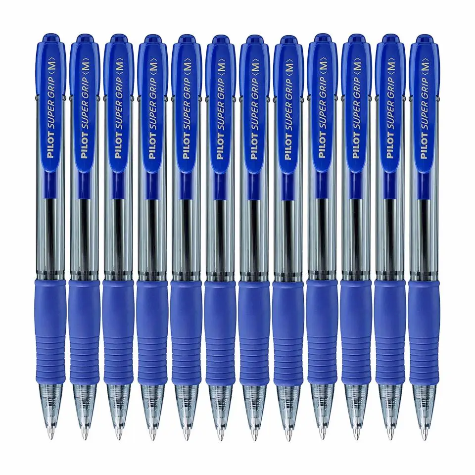 Pilot Bolígrafo Super Grip Retráctil Punta 1mm Recargable Tinta Base de Aceite Azul (Pack de 12)